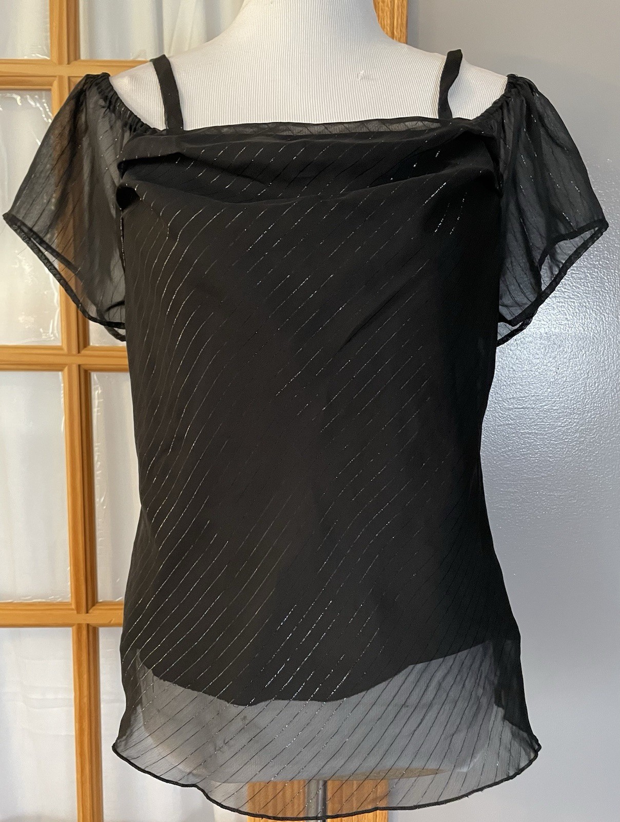 80s Torrid Cold Shoulder Blouse 0X Black Metallic Pinstripes Goth Party City USA