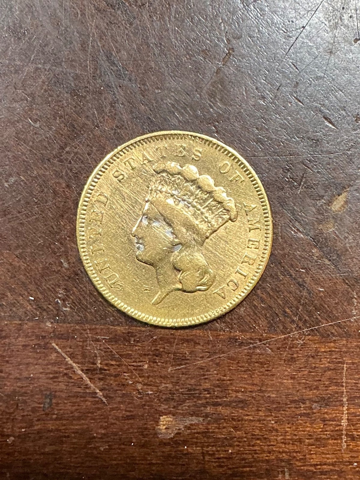 1855  $3 INDIAN PRINCESS HEAD GOLD PIECE AU CLEANED