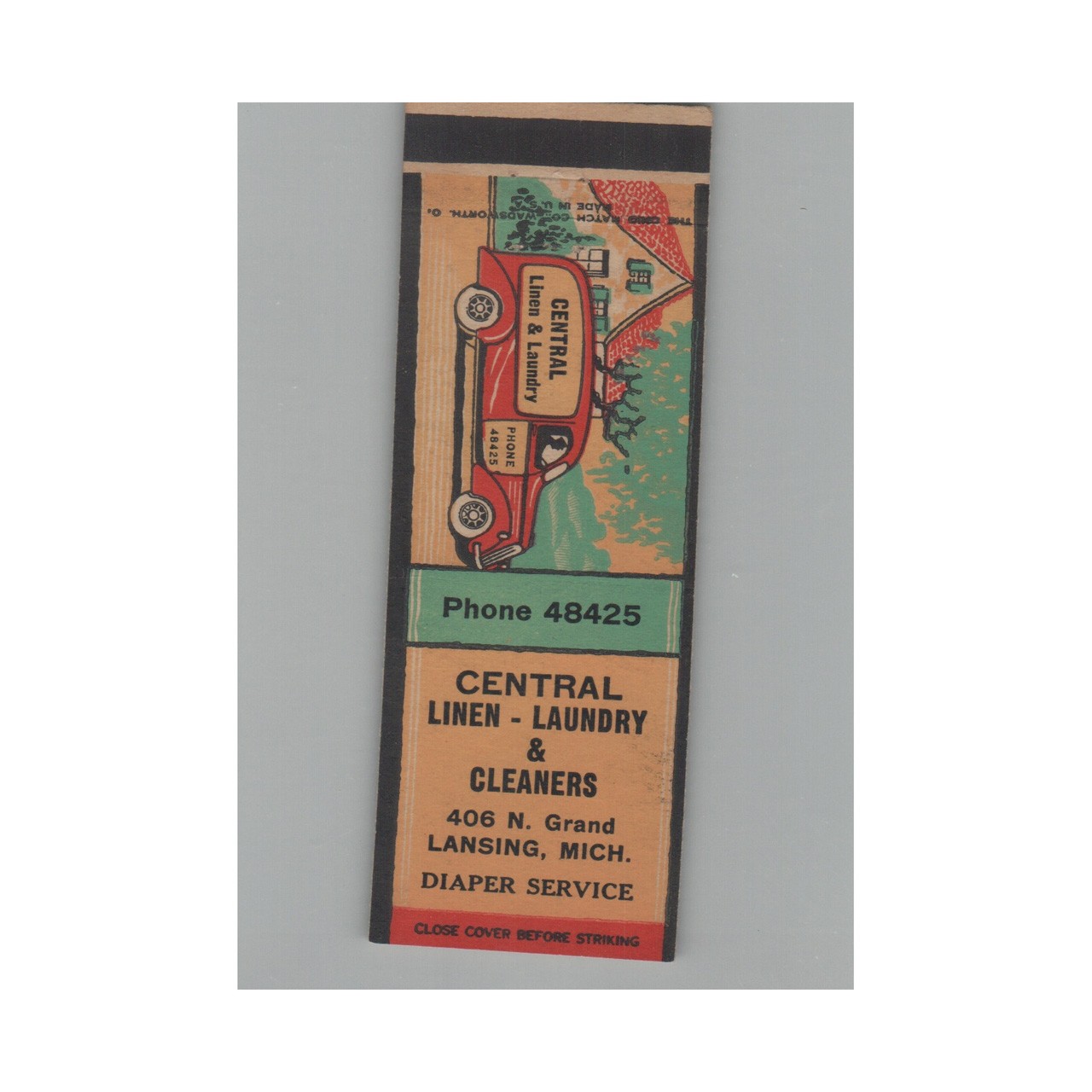 Matchbook Cover Central Linen Laundry & Cleaners Lansing MI