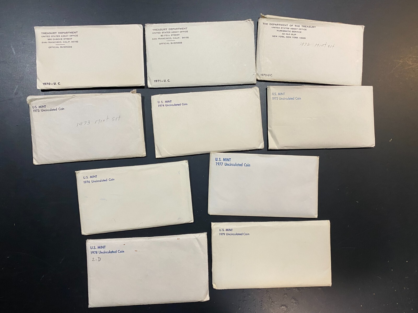 Lot 1970-1979 Decade of 10 US Mint Sets Uncirculated in Original Mint Envelopes Lot 1970-1979 Decade of 10 US Mint Sets Uncirculated in Original Mint Envelopes