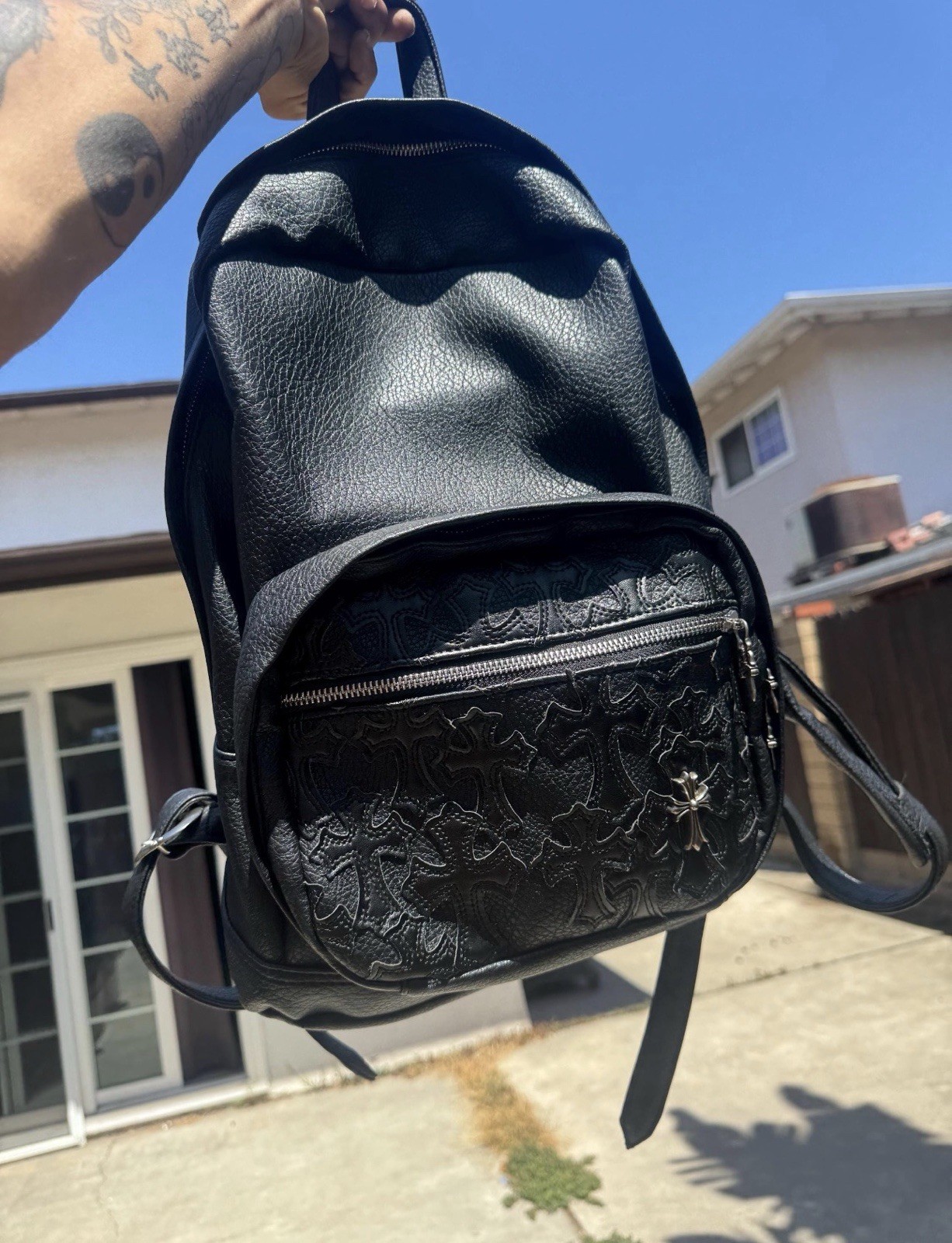 Chrome Hearts Black Leather Backpack | Leather Bag and Patches |
