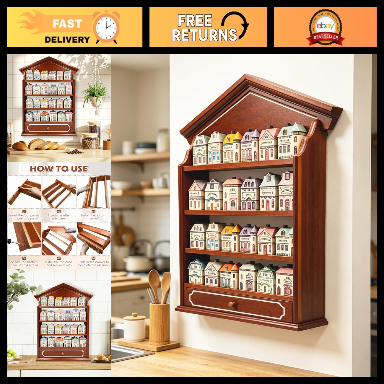 Rustic Wooden Spice Rack with Drawer & 4 Shelves - Vintage Kitchen Organizer