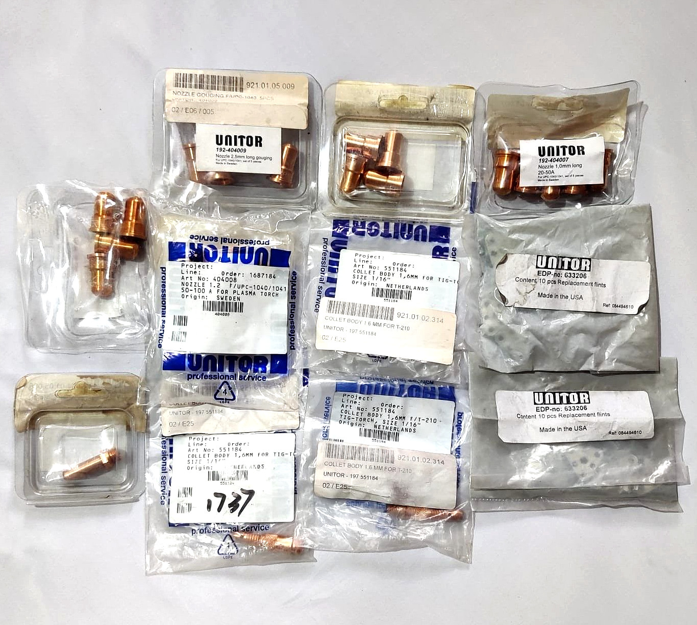 UNITOR SPARE NOZZLE, COLLET BODY, ELECTRODE AND REPLACEMENT FLINTS  47 PCS LOT