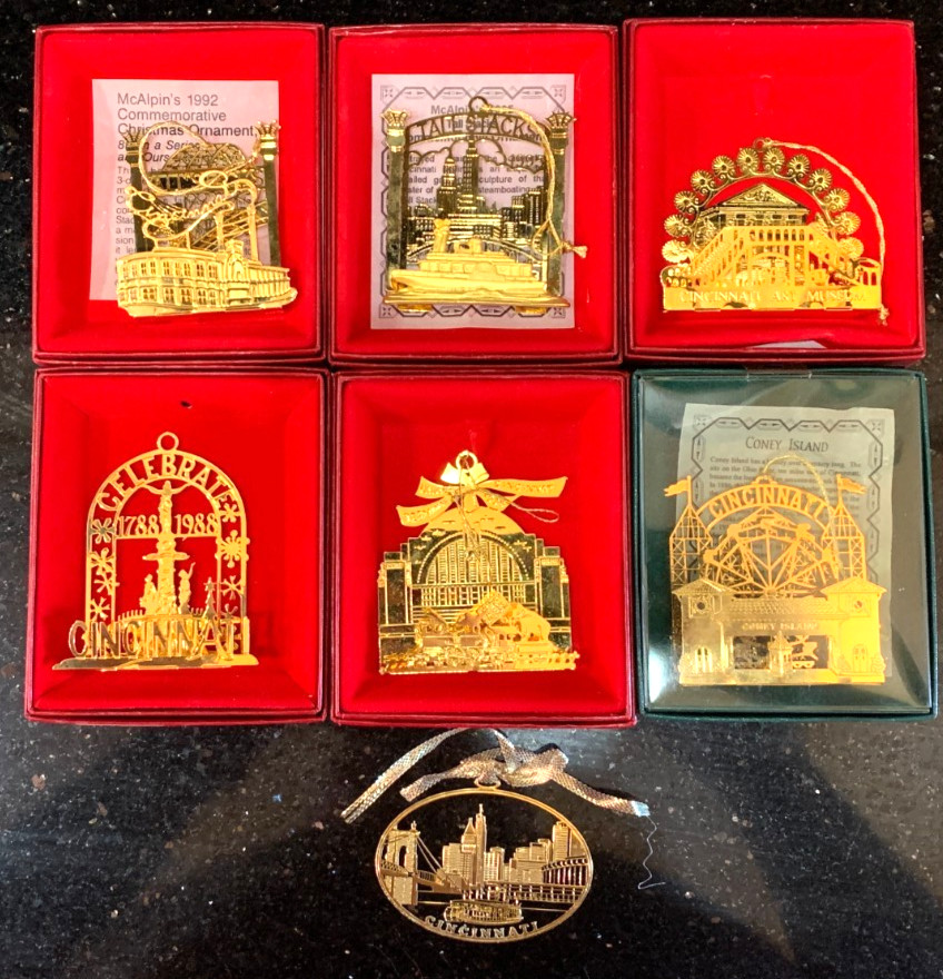 Ornament McAlpin's Lot of 7 Cincinnati 24 kt Gold Finish 1988 90 92 93 95 97 VTG