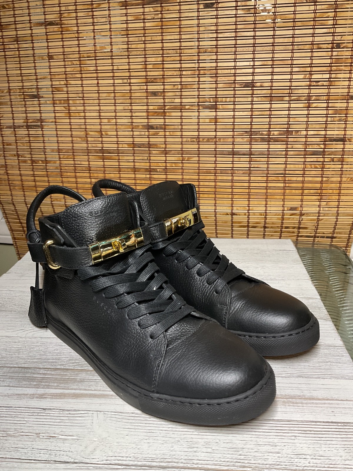 Buscemi Mens 100 MM Black Leather High Top Sneakers Gold HW Sz 44 EU 11 US $895