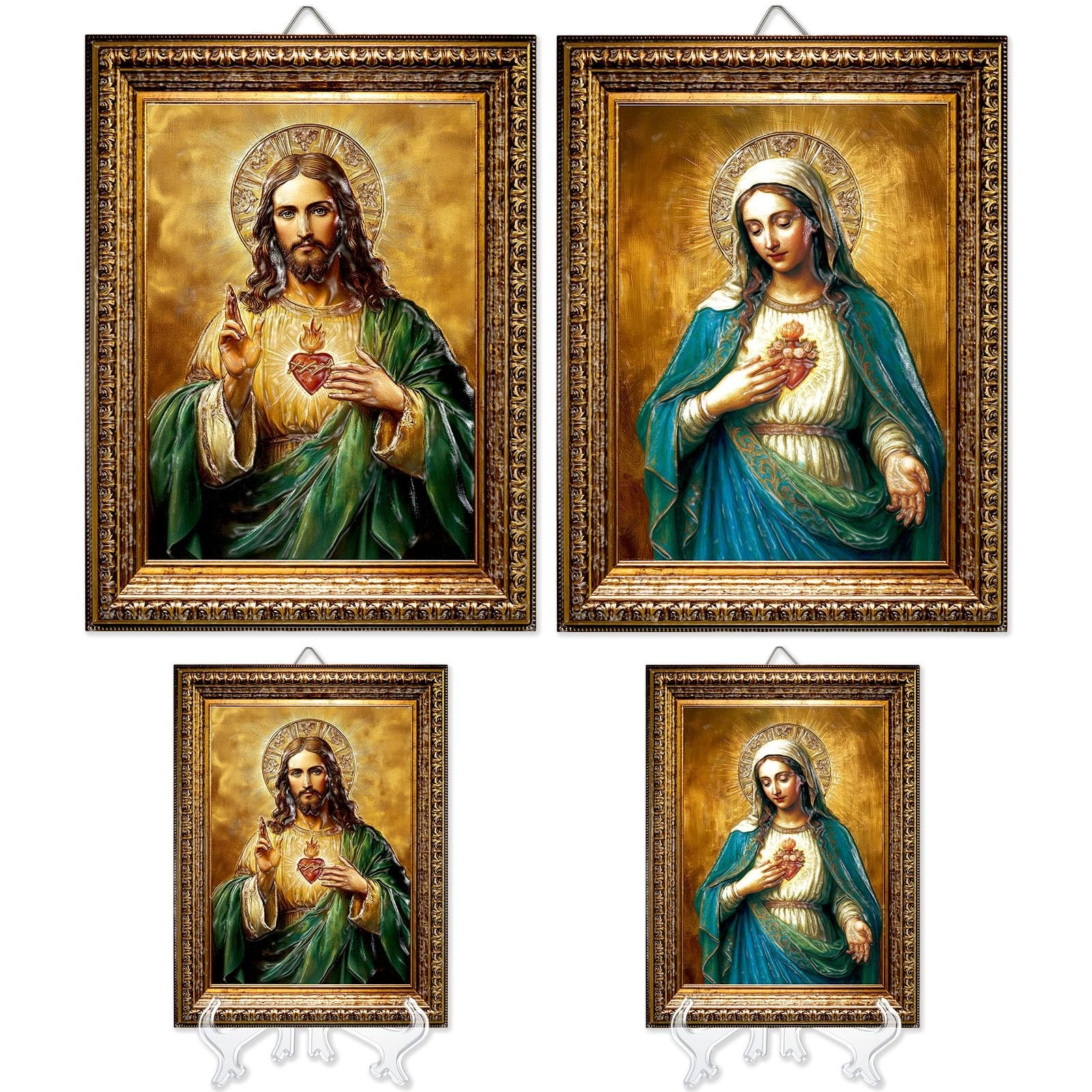 Roowest 2 Pack 7.3inch H Sacred Heart of Jesus and Mary Catholic Icon Framed ...