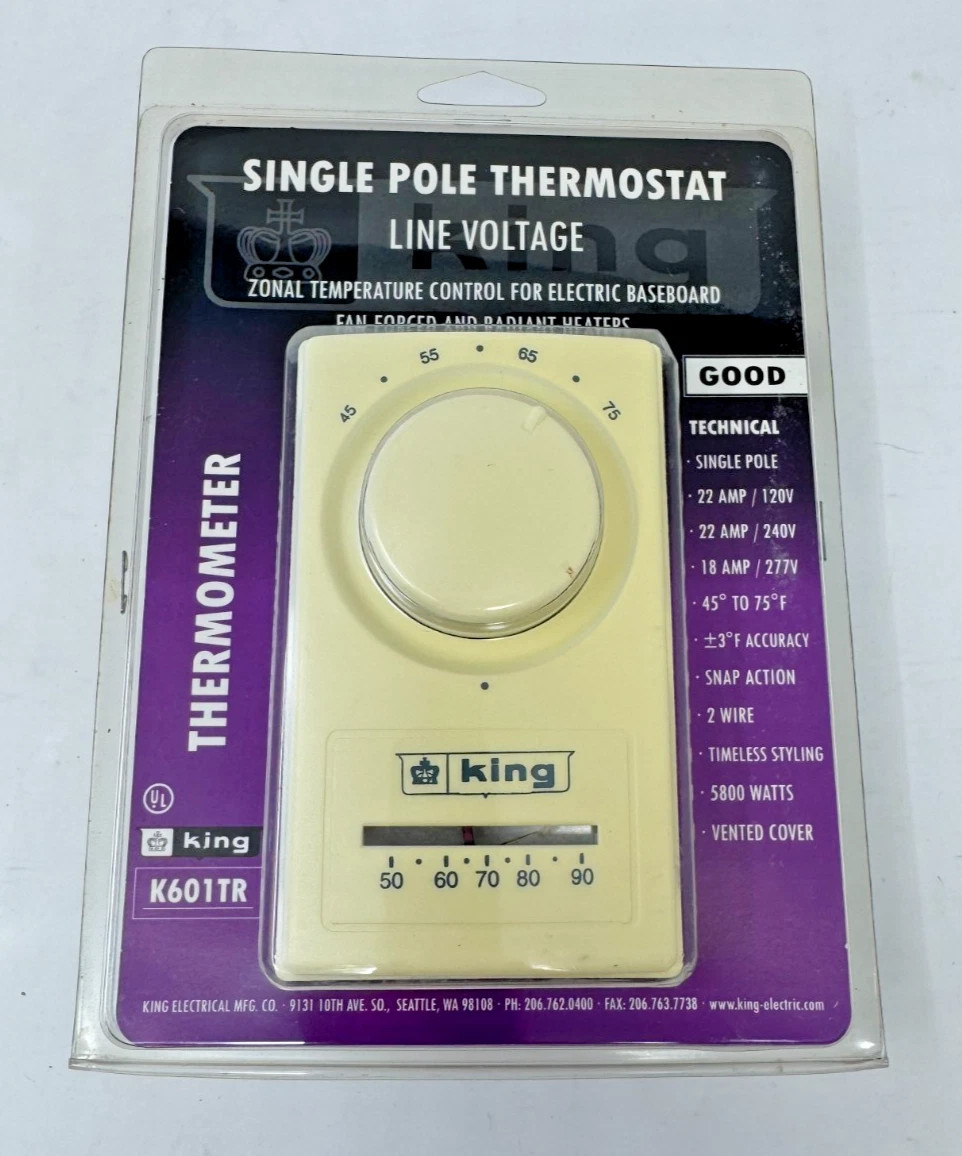 King Electric K601TR Single Pole Thermostat NEW