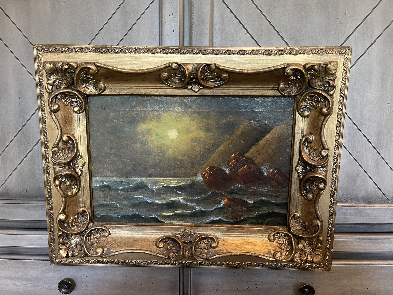 Antique 19thC Oil Painting On Canvas - Nocturne Seascape - H Duprez