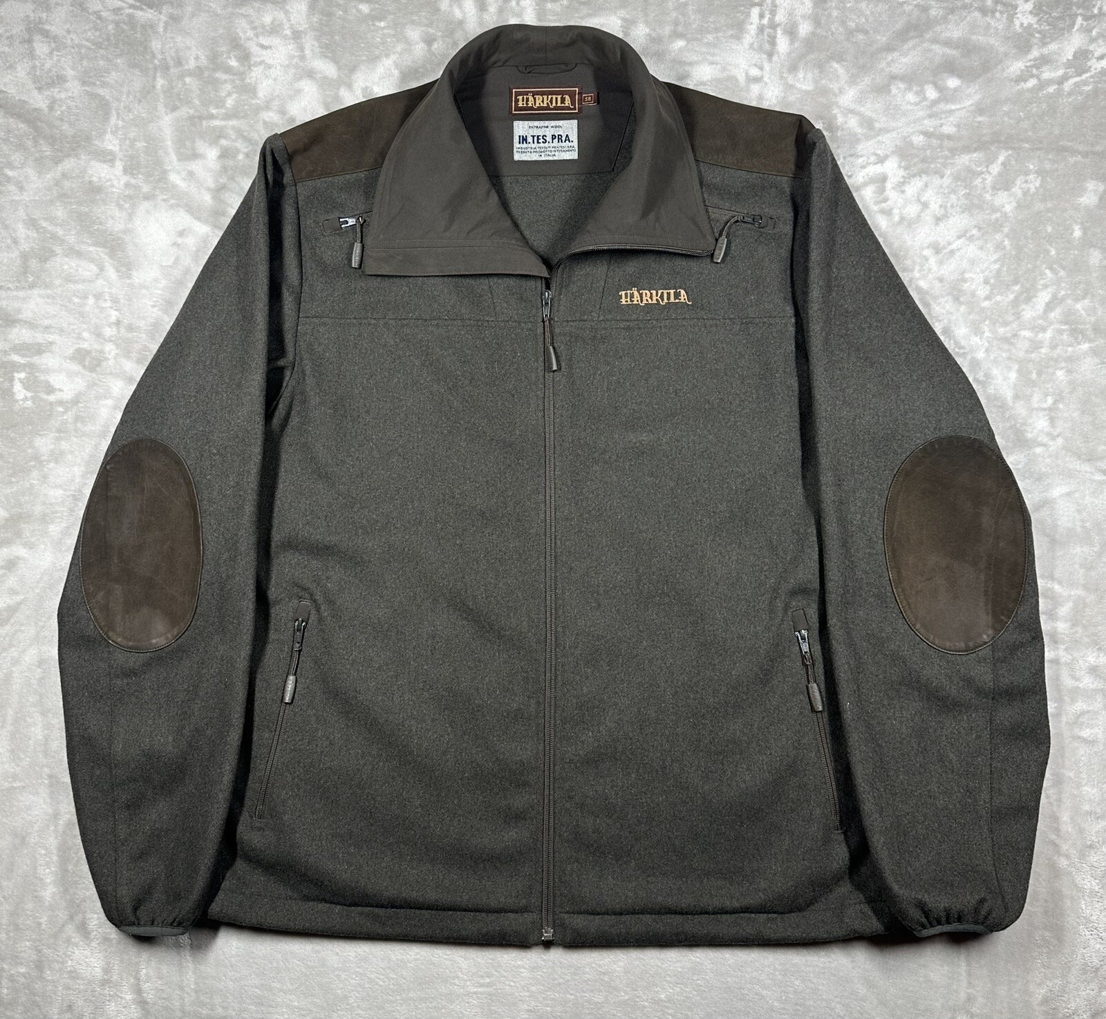 Harkila Metso Full Zip Wool Blend Jacket Mens Sz 58 Buffalo Leather Trim Hunting