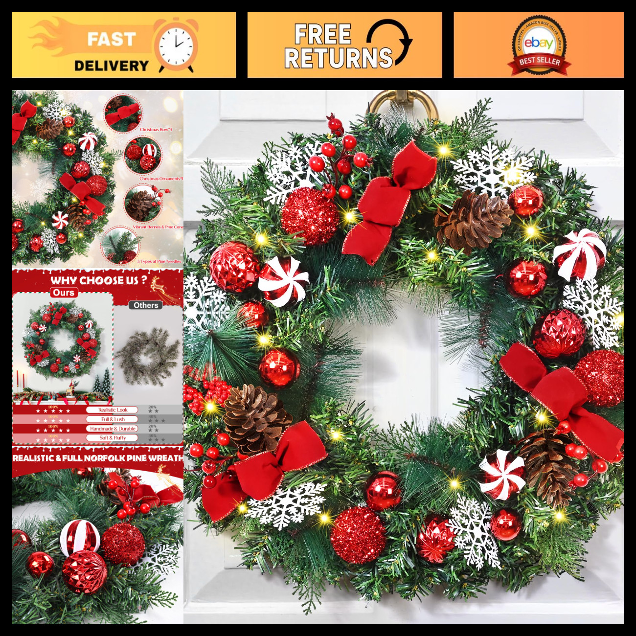 18\'\' Christmas Wreath with Lights, Bow, Berries & Pine Cones - Holiday Door Deco