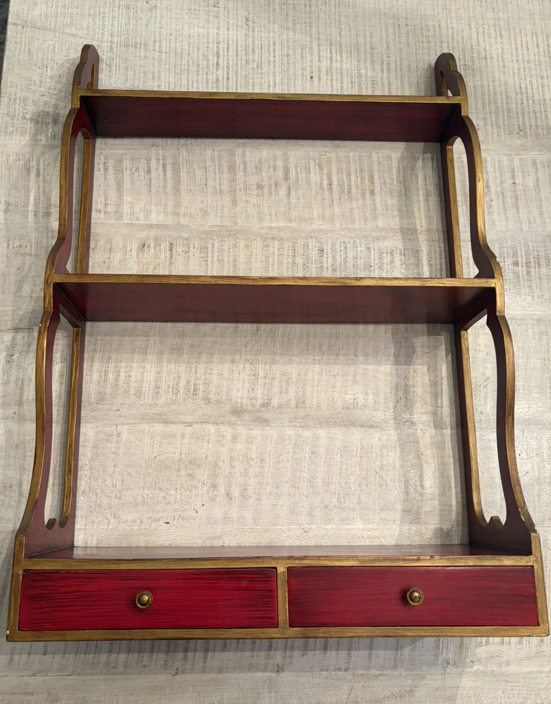 Vintage Chippendale Style 3-Tier Hanging Wall Shelf Scalloped Gold Red 2 Drawer