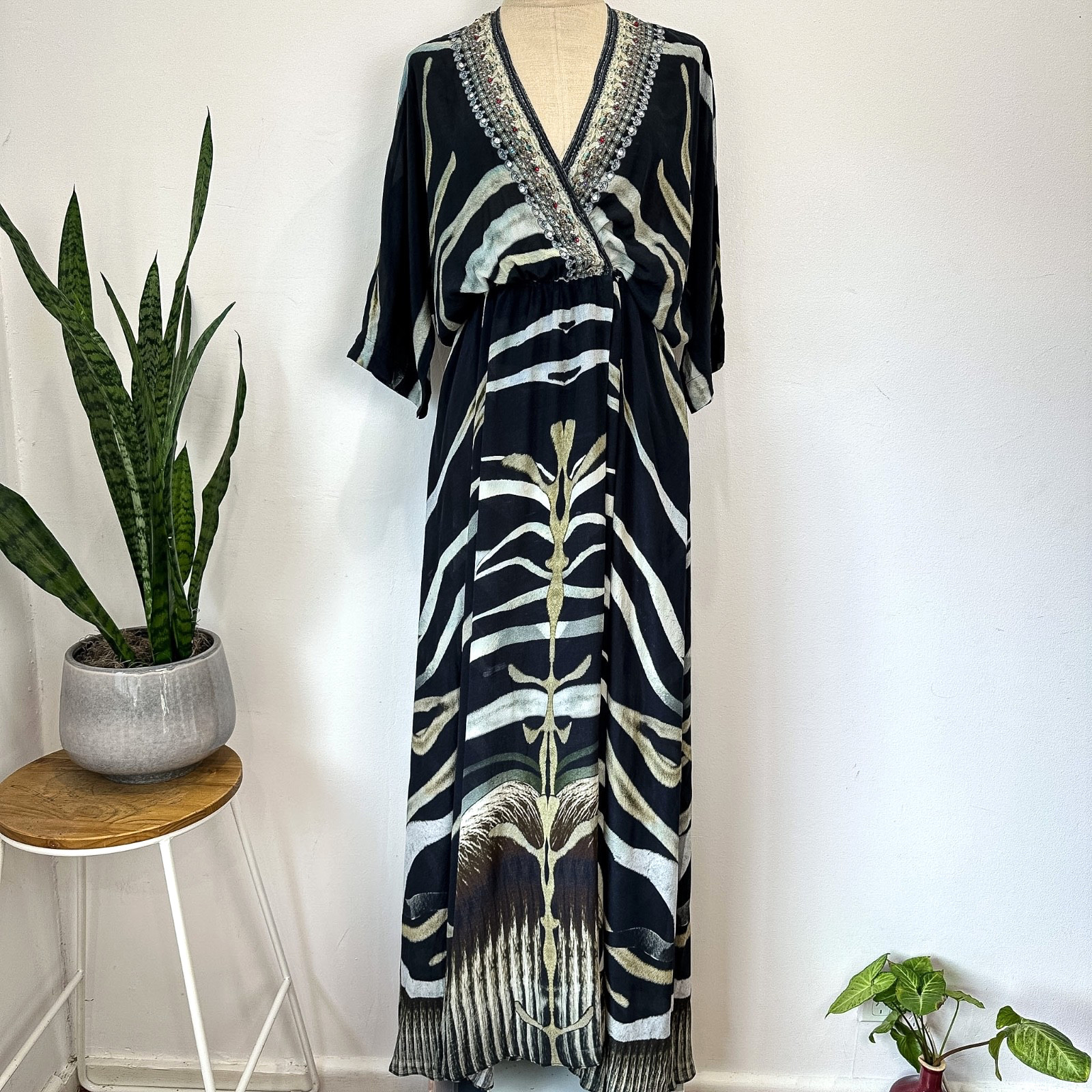 CAMILLA - ZEBRA CROSSING EMBELLISHED SILK WRAP MAXI DRESS - BLACK - S
