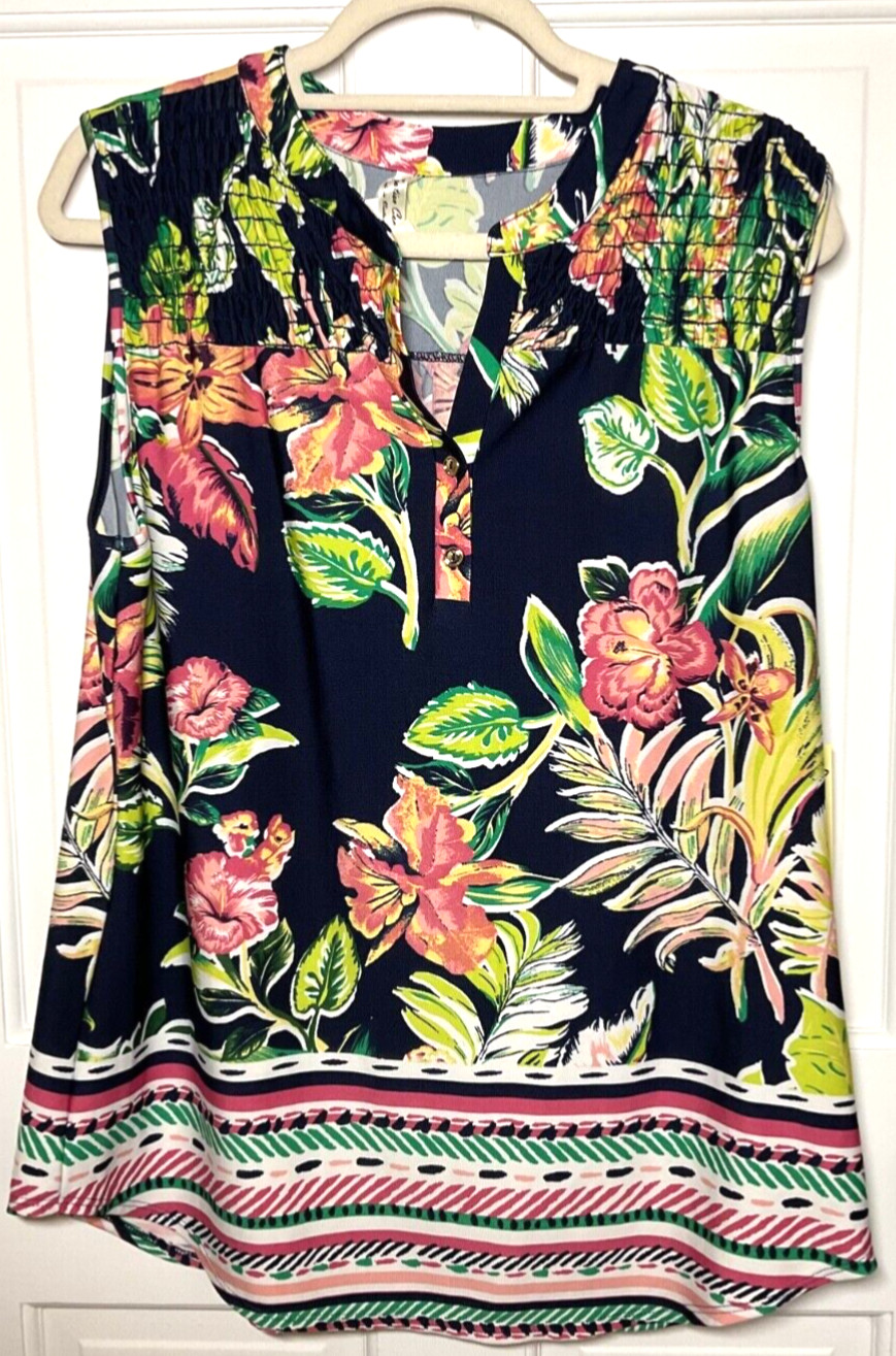 PER SEPTION CONCEPT TOP NAVY PINK FLORAL TROPICAL SLEEVELESS HENLEY SIZE XL NWT