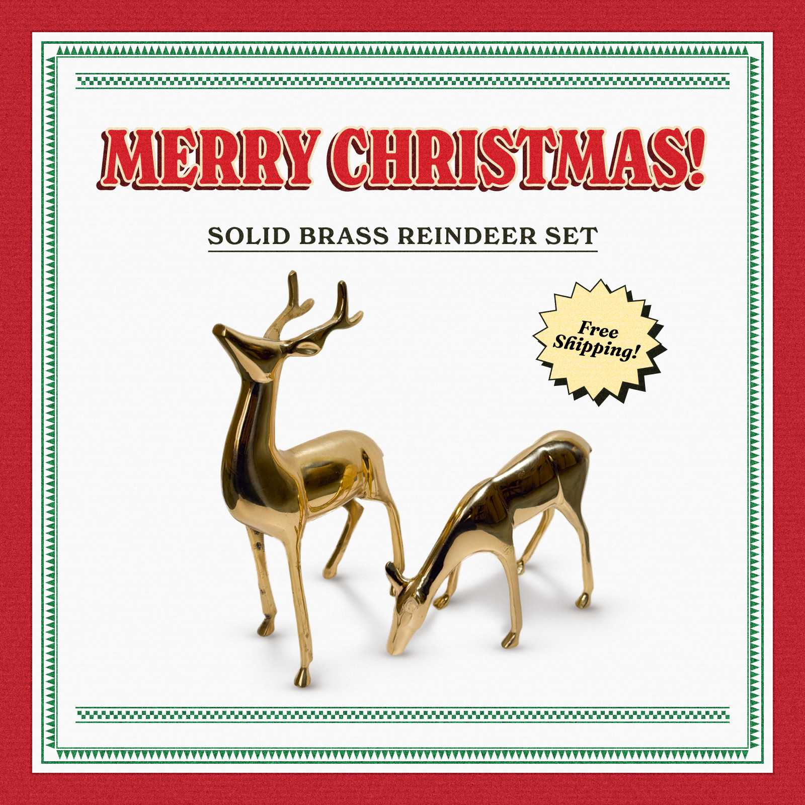 100% Large Gold Stained Solid Brass Reindeer Set of 2 12 in, 7 in