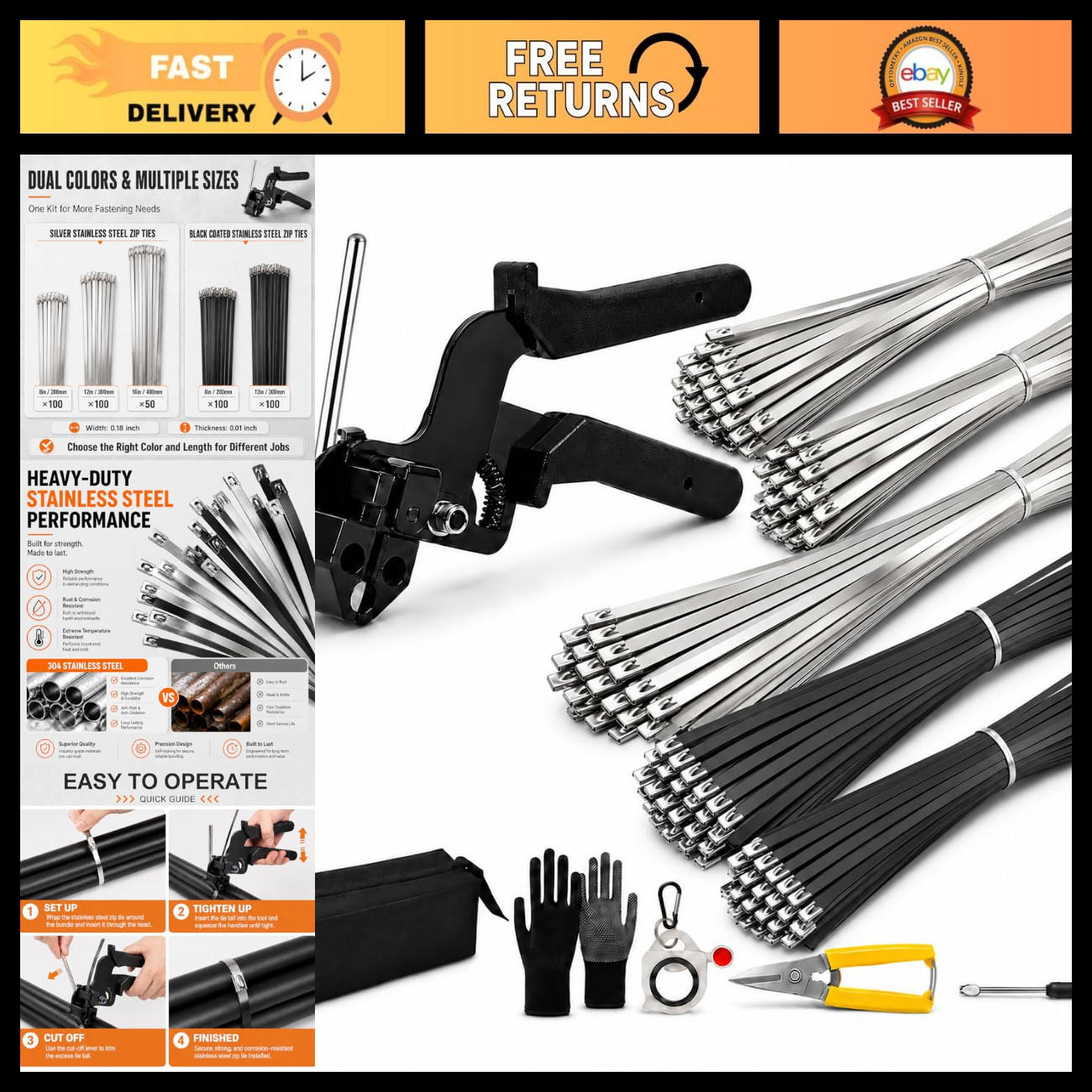 450Pcs Heavy Duty Metal Zip Ties Kit, Stainless Steel Cable Ties & Cutting Tool