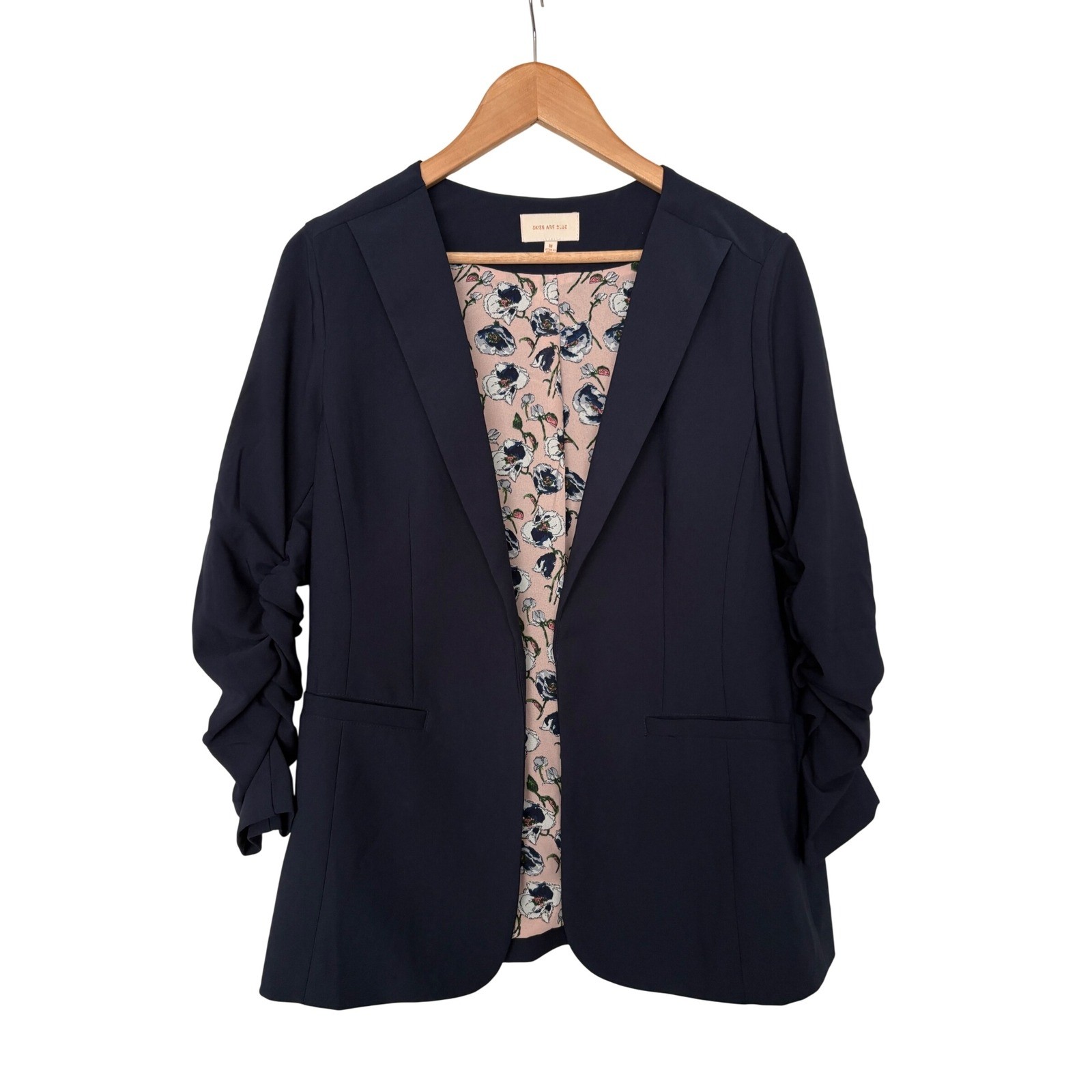 Skies Are Blue Womens Gorpcore Twee Navy Ruched 3/4 Sleeve Floral Lined Blazer Skies Are Blue Womens Gorpcore Twee Navy Ruched 3/4 Sleeve Floral Lined Blazer