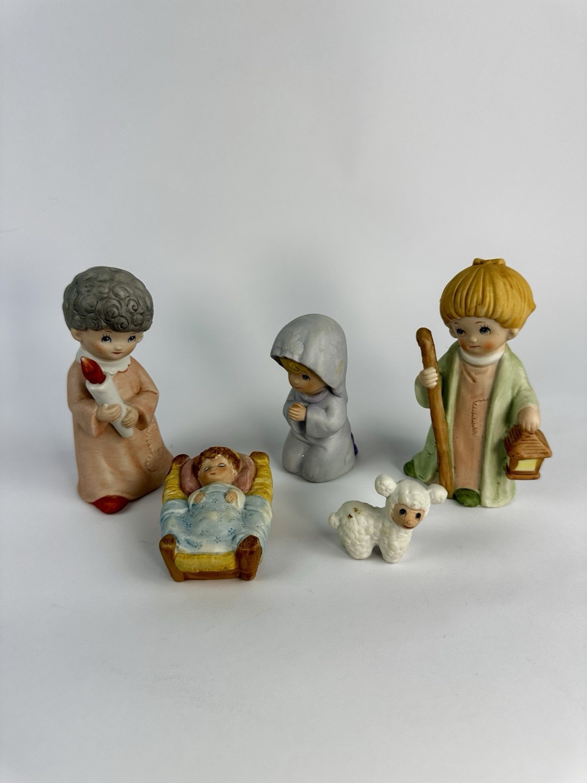 Vintage Homco #5602 Children’s Nativity Set 5 Pc Mary Joseph Jesus Angel Lamb