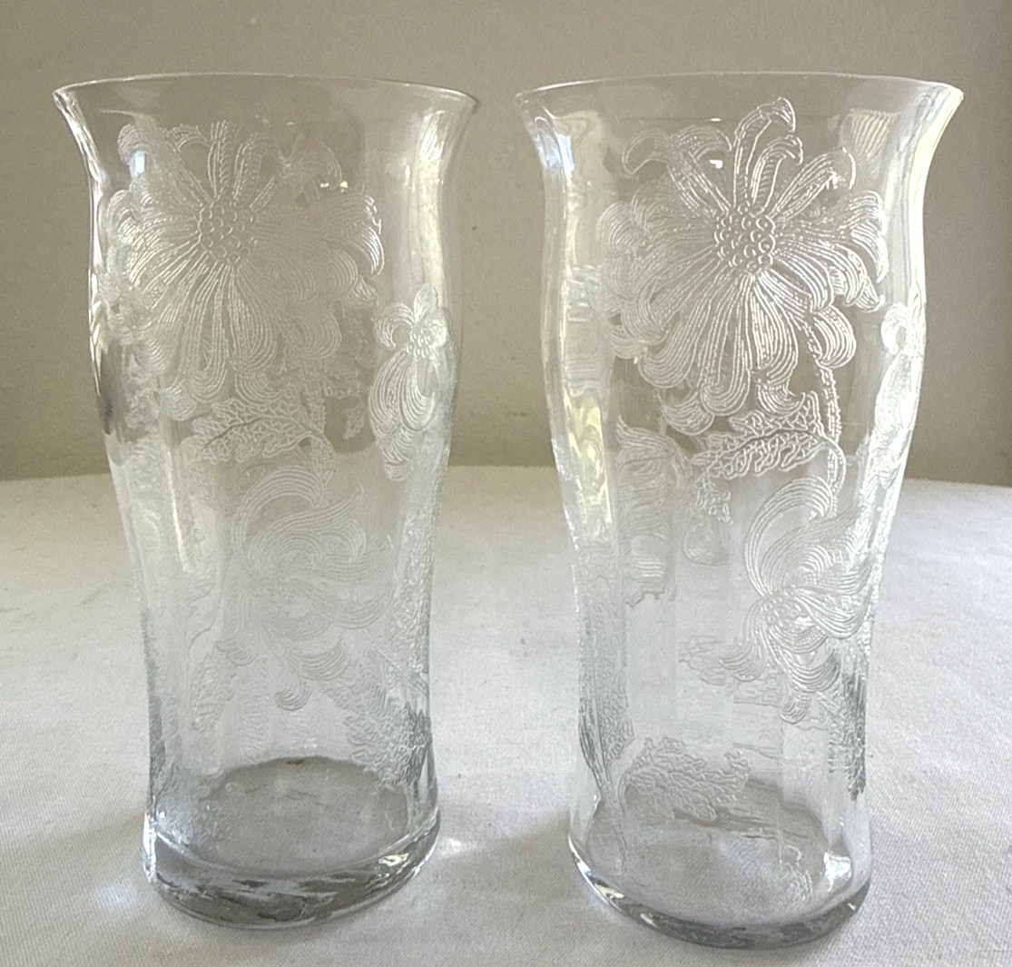 Vintage Pair of Etched Glass Floral Vases - 5.75\ Vintage Pair of Etched Glass Floral Vases - 5.75\