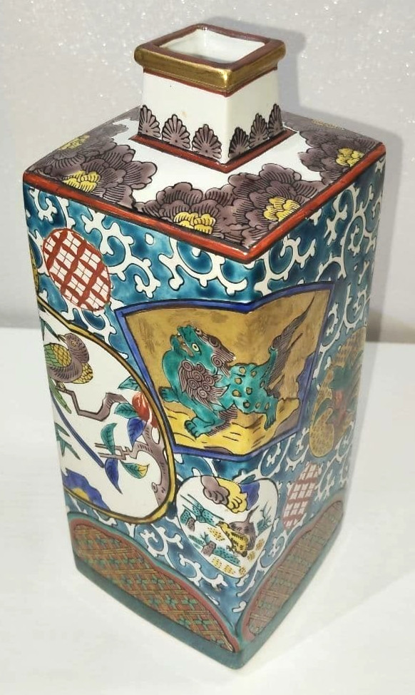 Japanese Kutani-Ware Square Colorful Flower Vase □3.7×H9.6in Traditional Crafts