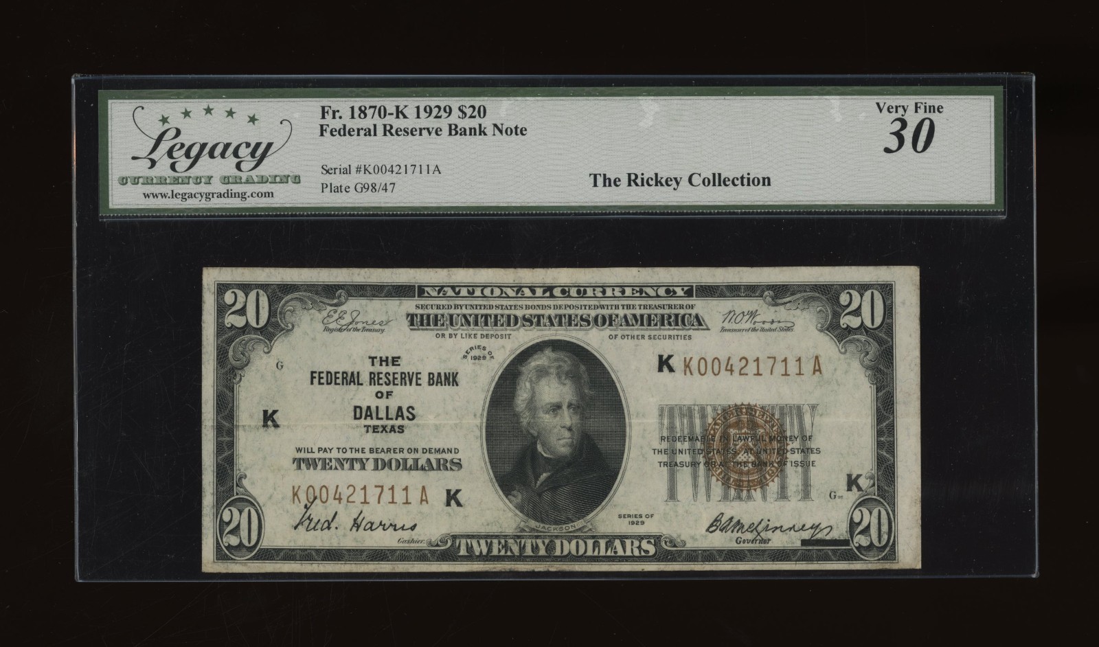 DBR 1929 $20 FRBN Dallas Fr. 1870-K Legacy 30 Serial K00421711A