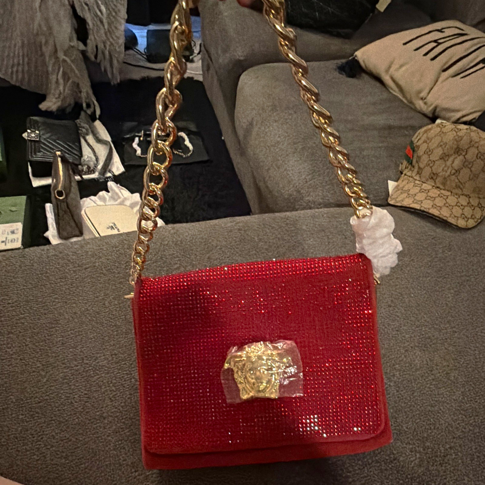 Versace Red Crystal Medusa Small Shoulder Bag Magnetic Flap Gold Chain Strap