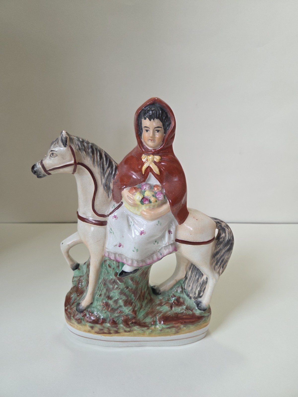 Antique 19th C. Staffordshire Lady Red Robe On A Horse Side Saddle 9x7”
