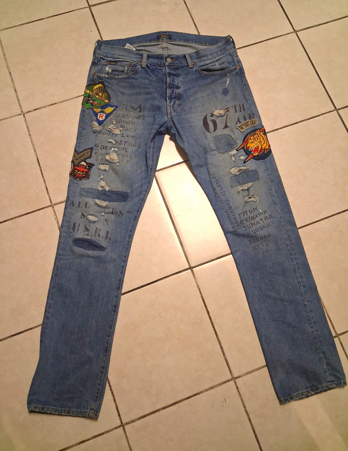Vtg Ralph Lauren Polo Military Tiger Patchwork Sportsman Denim Patch Jeans 34 34
