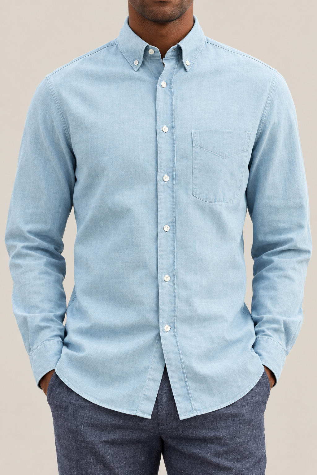 BRUNELLO CUCINELLI MEN\'S VERY LIGHT DENIM COTTON BUTTON DOWN SHIRT MSRP $825 (S)