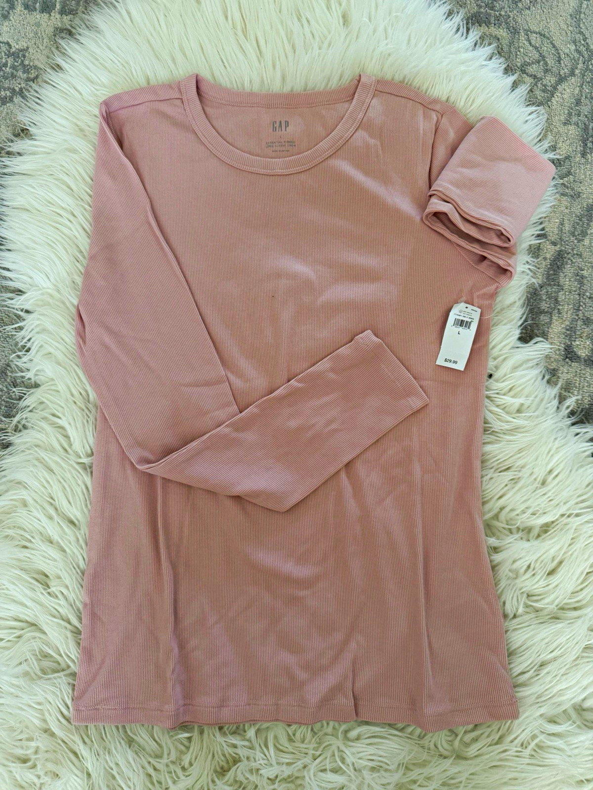 GAP Women\'s Essential Ribbed Knit Long Sleeve Crew Neck T-Shirt Pink L