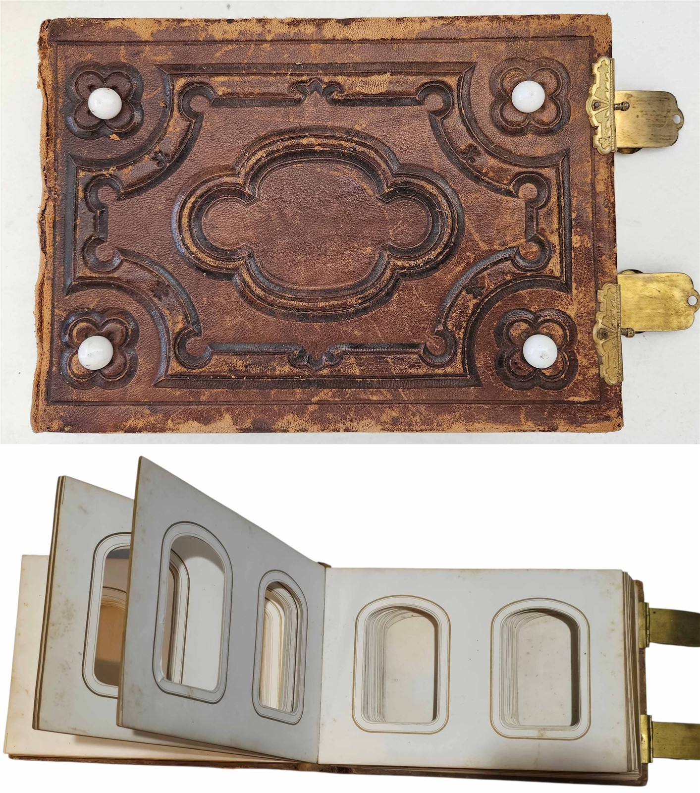 1860s antique EMPTY CDV PHOTOGRAPH ALBUM blind tooled LEATHER brass clasps