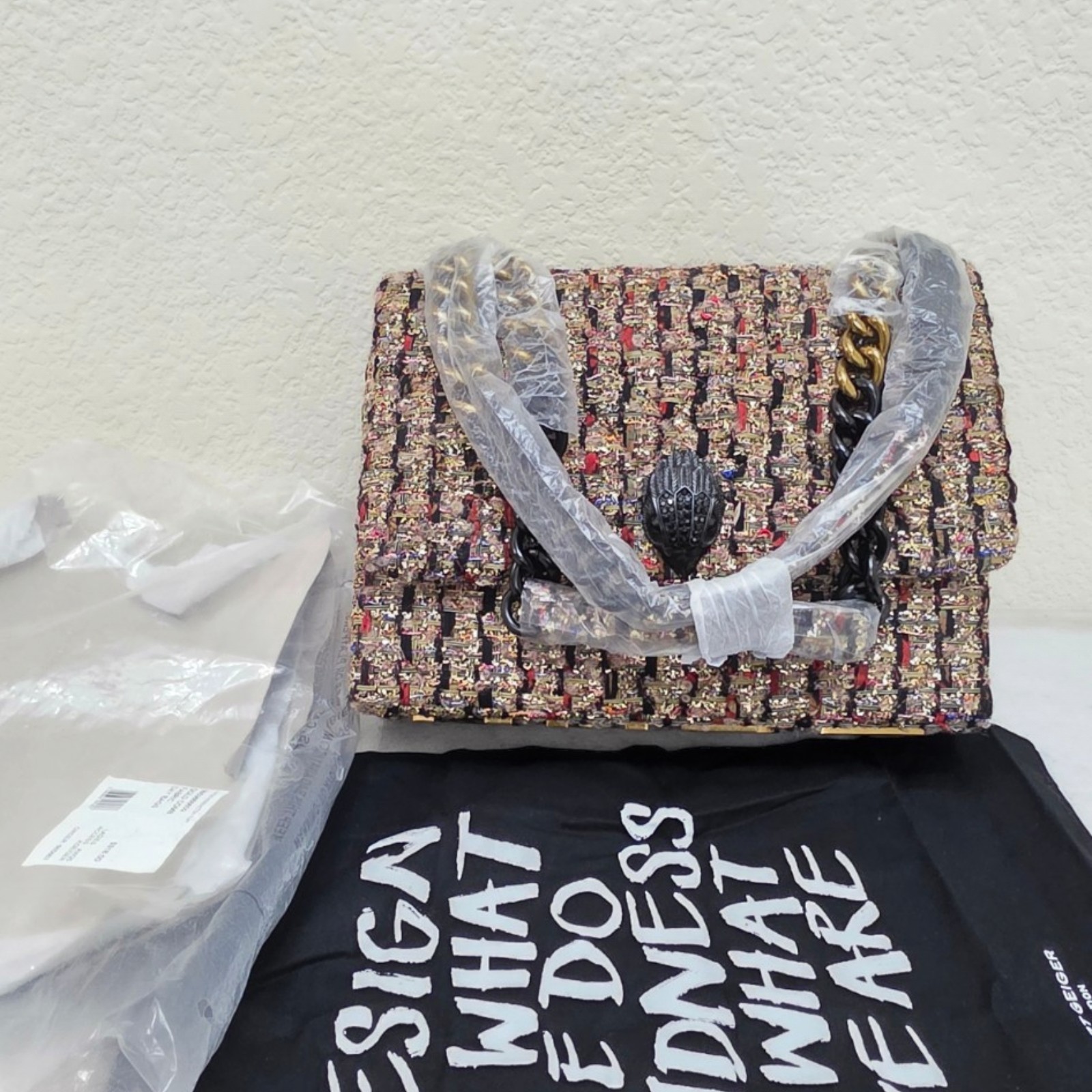 Kurt Geiger London Kensington Large Gold Tweed Chain Strap Bag Magnetic Dust Kurt Geiger London Kensington Large Gold Tweed Chain Strap Bag Magnetic Dust