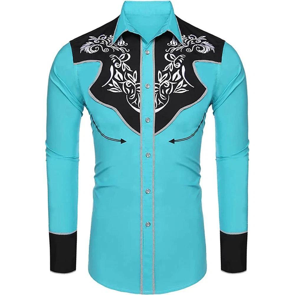 Men's Western Cowboy Shirt Long Sleeve Retro Printing Casual Buttons Down Shirt