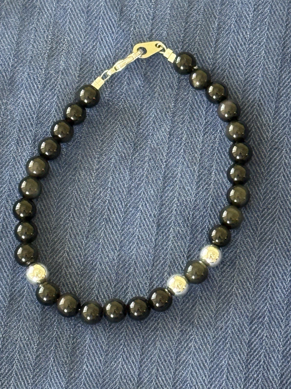 Obsidian And Sterling Silver Beaded Bracelet Approximately 8” Obsidian And Sterling Silver Beaded Bracelet Approximately 8”