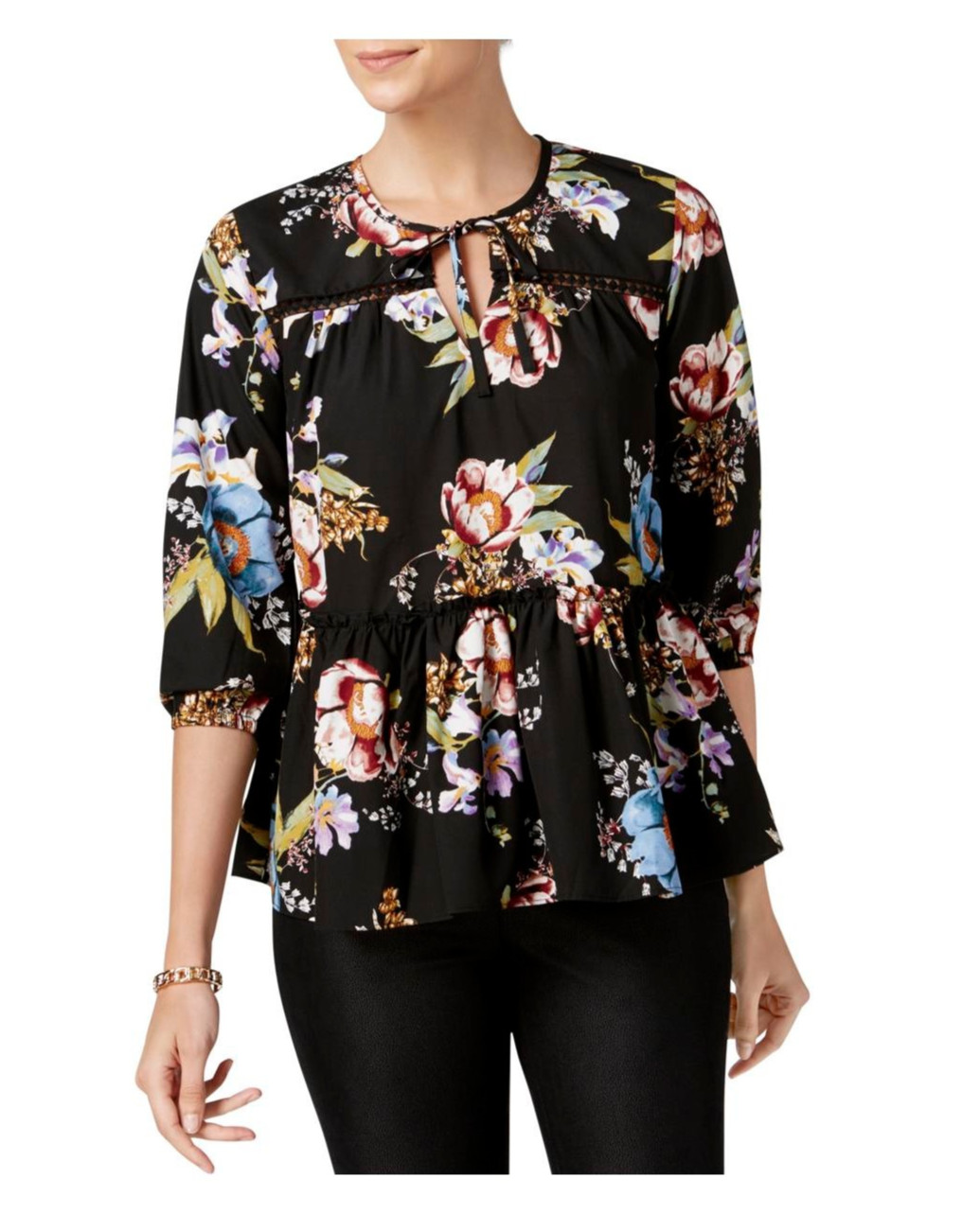 Olivia & Grace Womens Floral Print Ruffled Peasant Top Black MEDIUM Olivia & Grace Womens Floral Print Ruffled Peasant Top Black MEDIUM