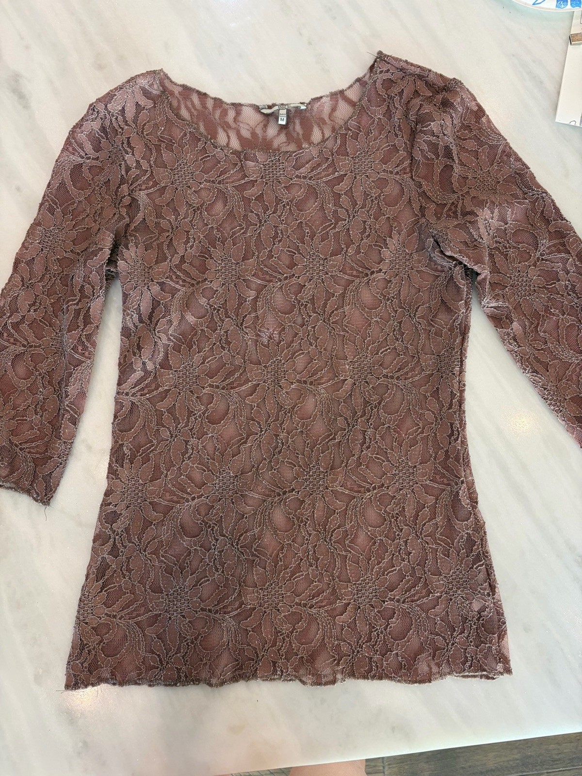 BKE Women\'s M Mauve Floral Lace Sheer Long Sleeve Top Romantic Boho Y2K