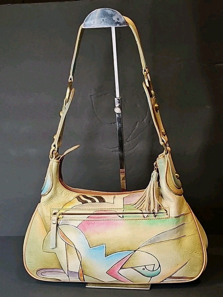 Magnifique Hand Painted Leather Hobo Bag Abstract Cubist Art EUC Vintage 90s