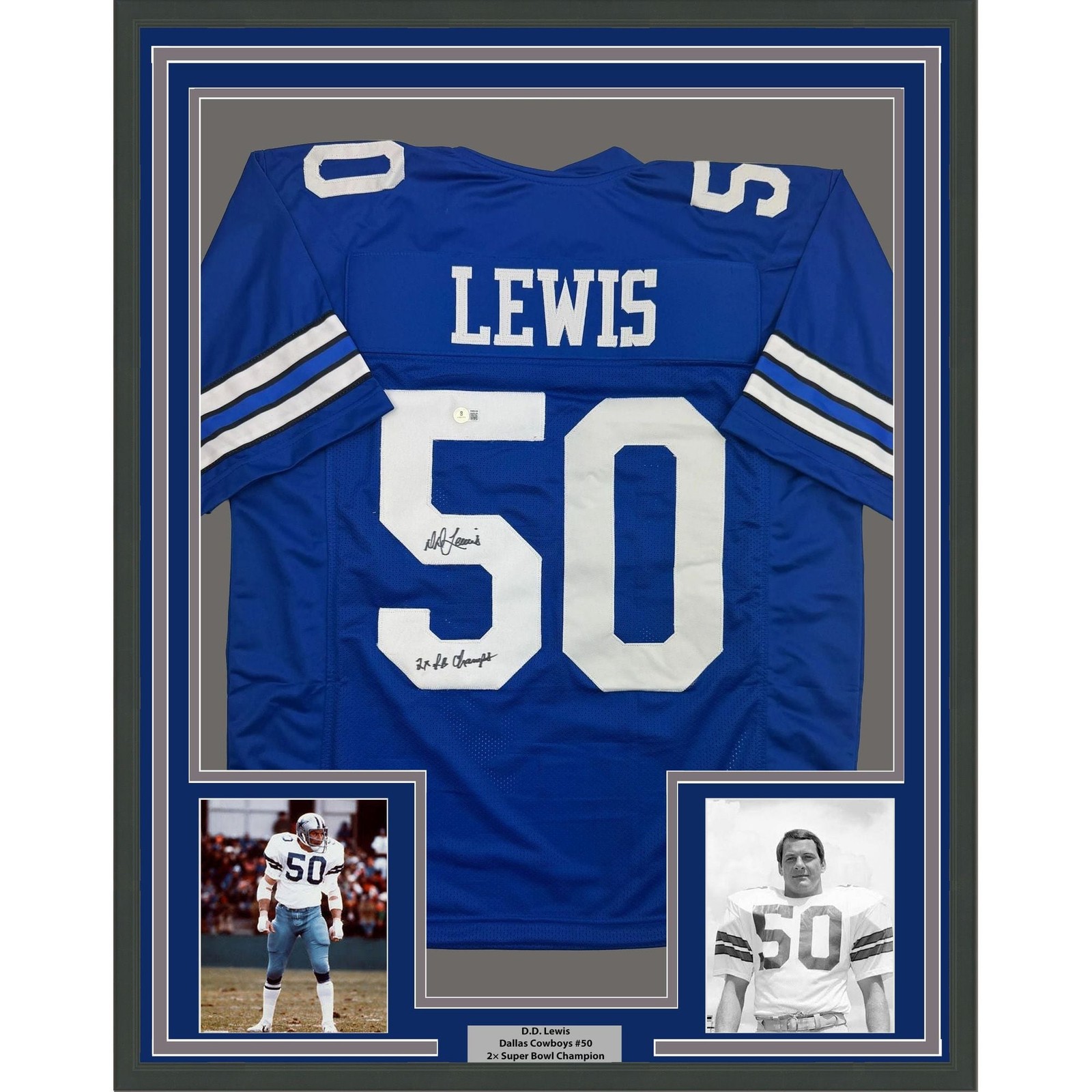 Framed Autographed/Signed DD Lewis 35x39 Dallas Retro Blue Jersey BAS COA Framed Autographed/Signed DD Lewis 35x39 Dallas Retro Blue Jersey BAS COA