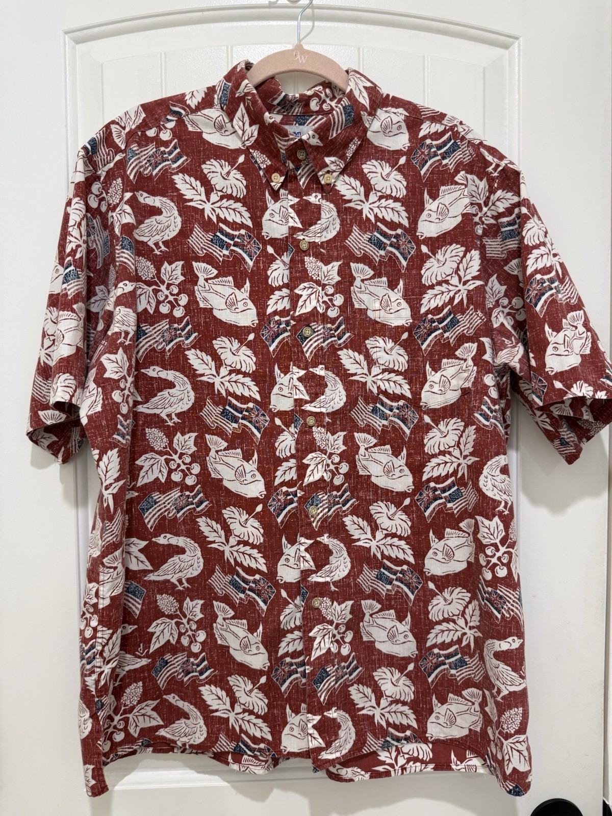 VTG Reyn Spooner Men\'s XL Fishing USA Floral Flag Short Sleeve Button-Up Shirt
