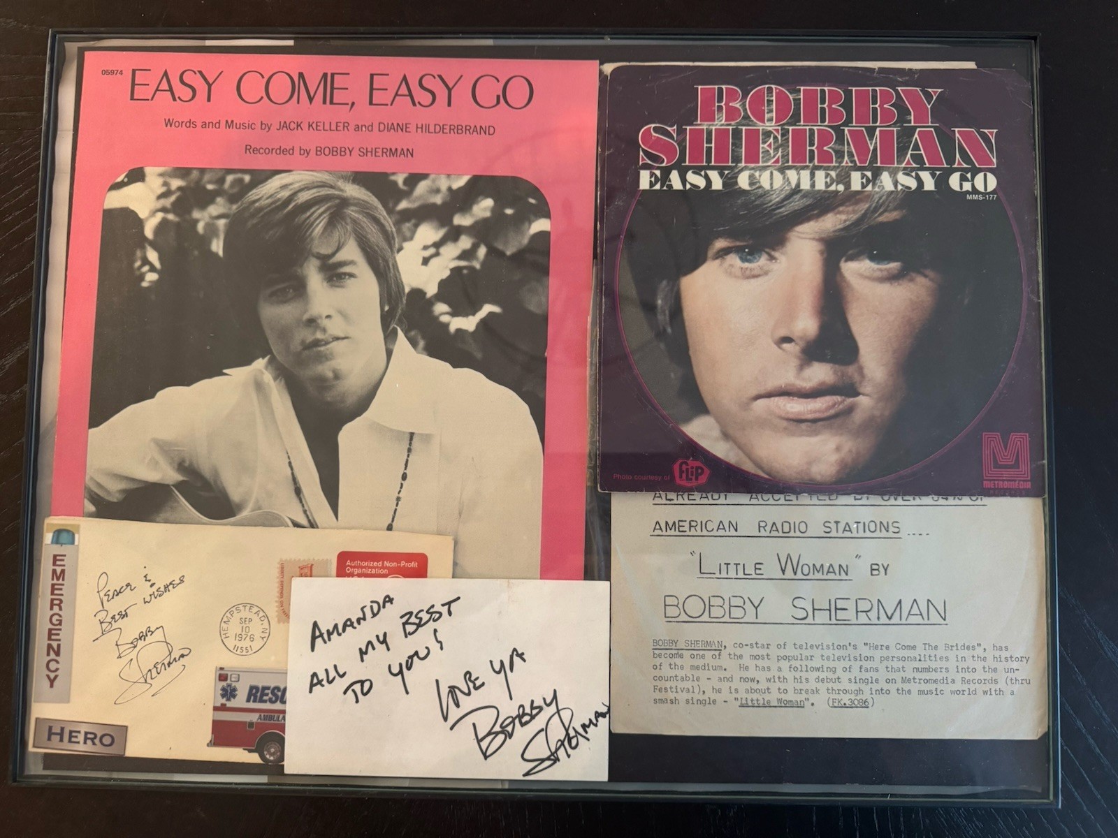 Vintage Bobby Sherman Signed Display Shadow Box Easy Come Easy Go Record 1970