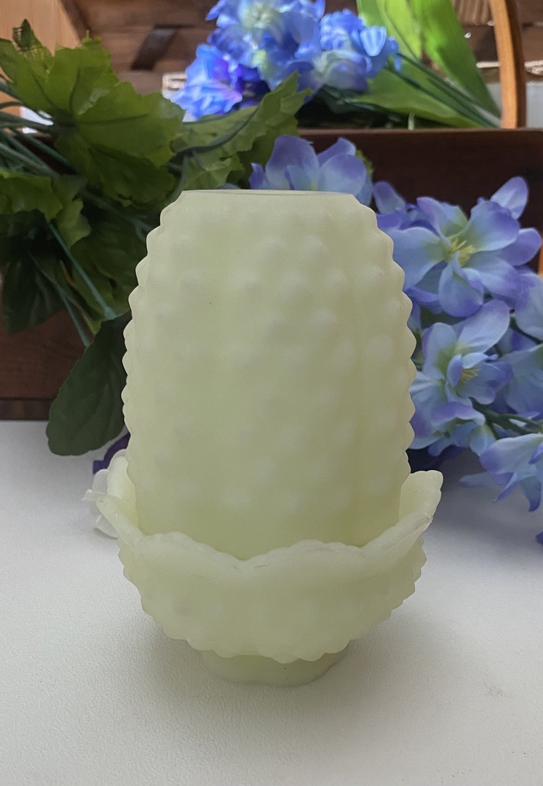 Vintage Fenton Fairy Lamp Custard Hobnail Uranium Glass GLOWS UV