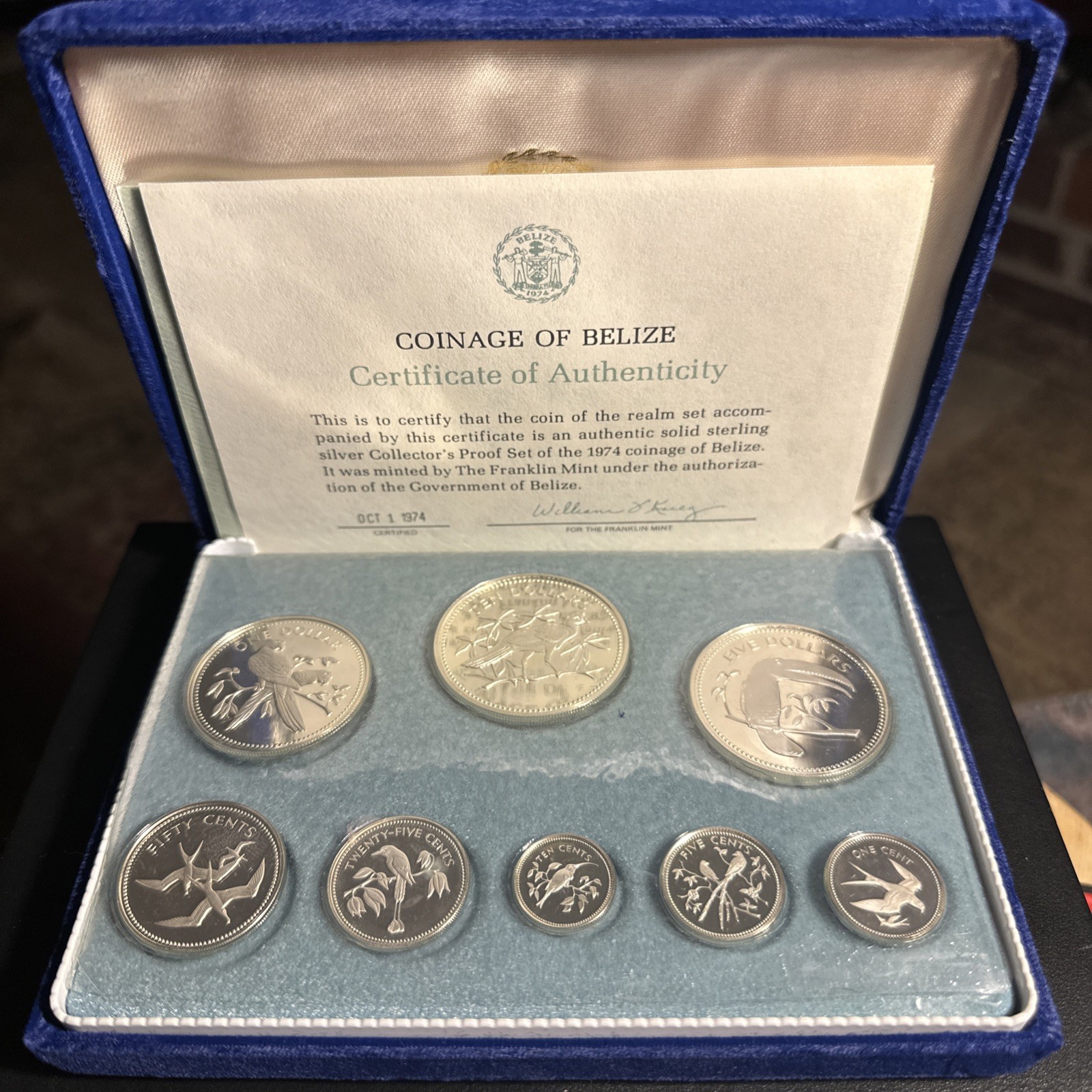 1974 Belize Proof Sterling Silver Coin Set 8 Coins Franklin Mint Box & COA
