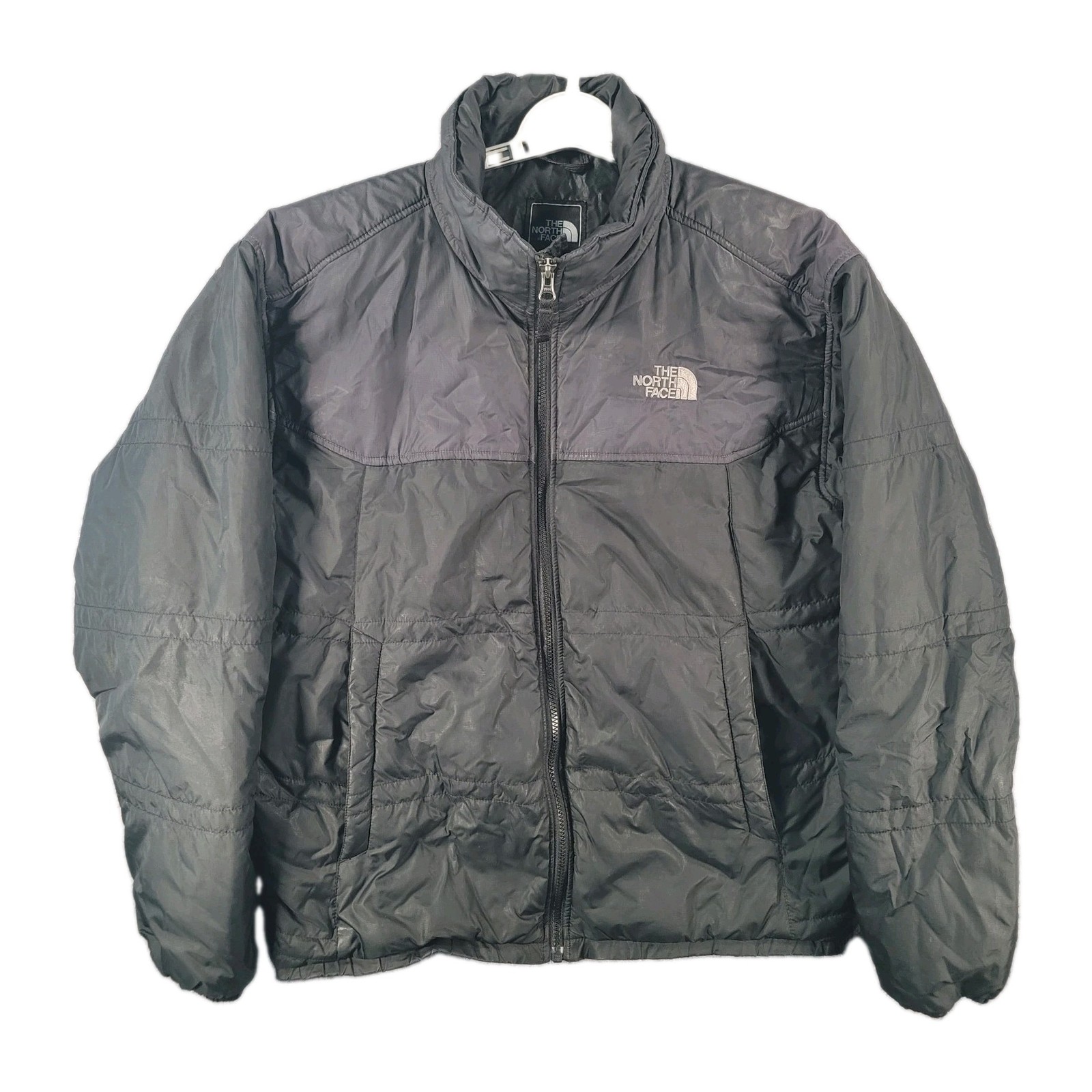 The North Face Grey Black Puffer Jacket Mens Medium Insulated Mock Neck Full Zip