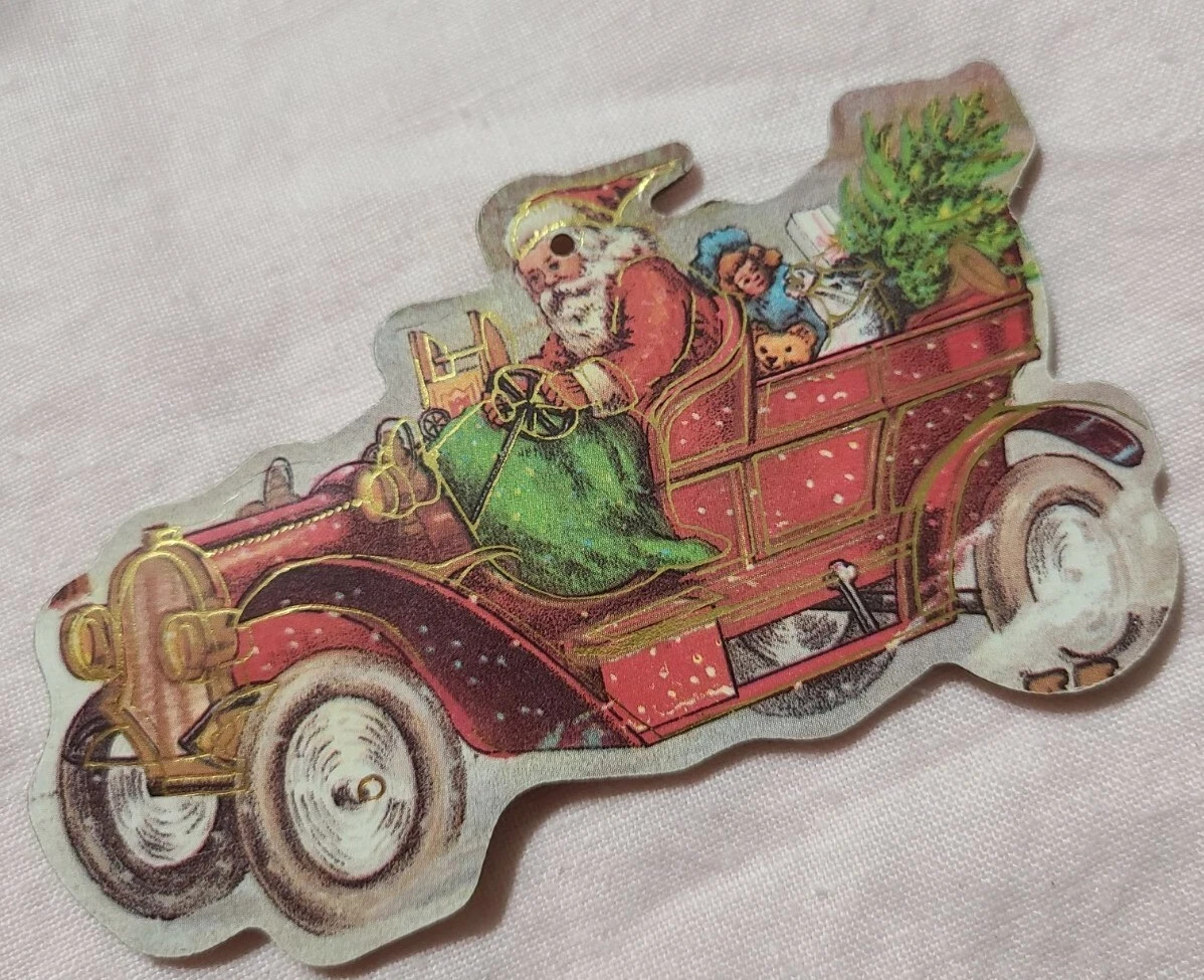 Vintage Diecut Santa Driving Old Vintage Car 4\