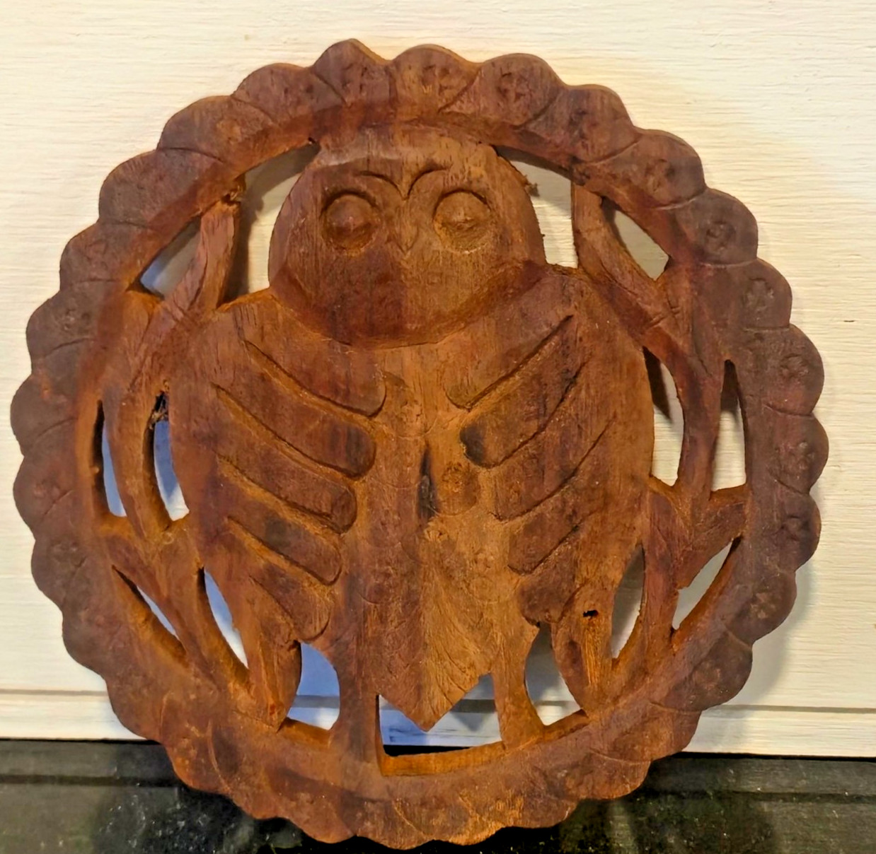 Vintage Hand Carved Wooden Owl Trivet Rustic Folk Art Wall Hanging Decor boho Vintage Hand Carved Wooden Owl Trivet Rustic Folk Art Wall Hanging Decor boho