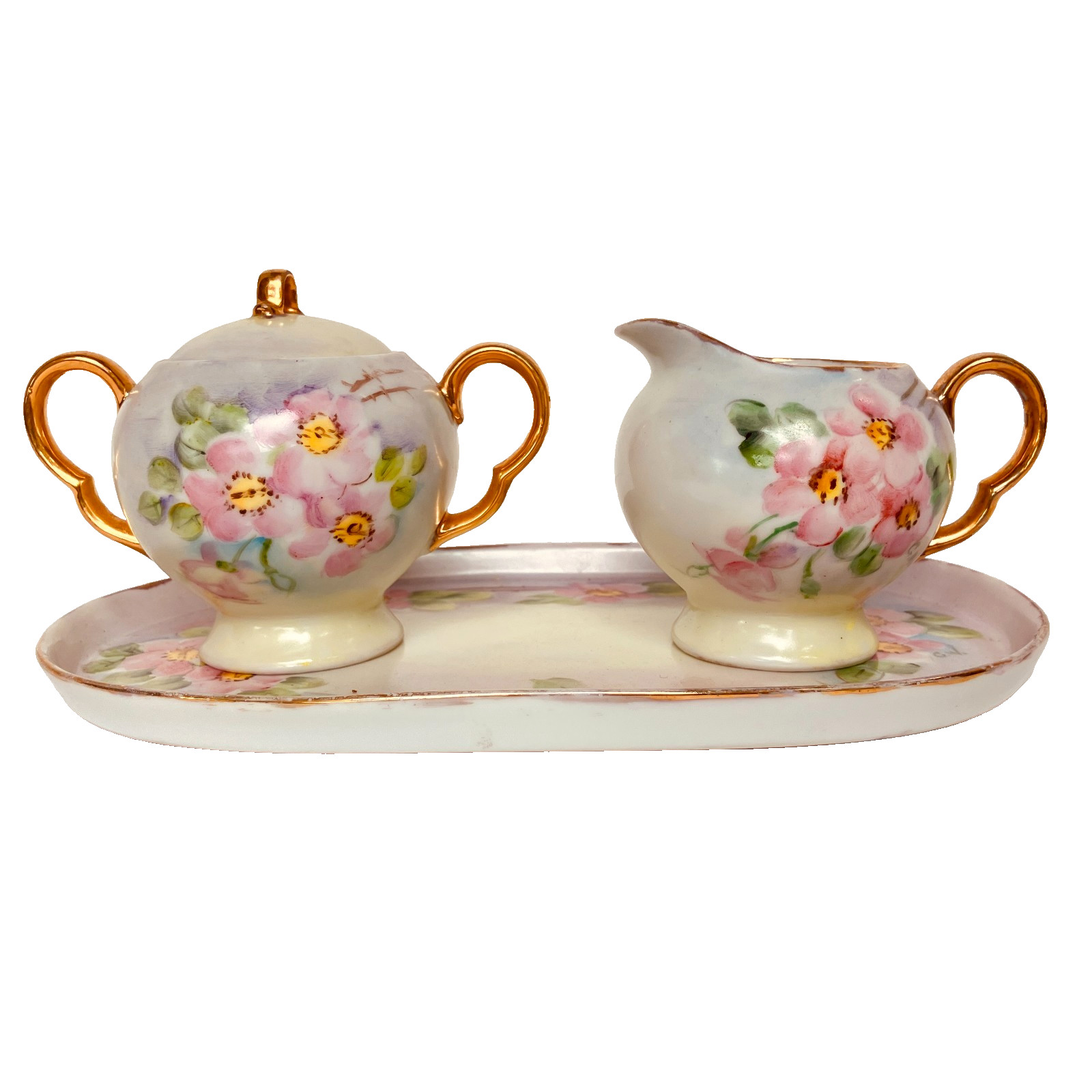 Antique Hand Painted Porcelain Lidded Sugar Bowl & Creamer w Tray Floral Design Antique Hand Painted Porcelain Lidded Sugar Bowl & Creamer w Tray Floral Design