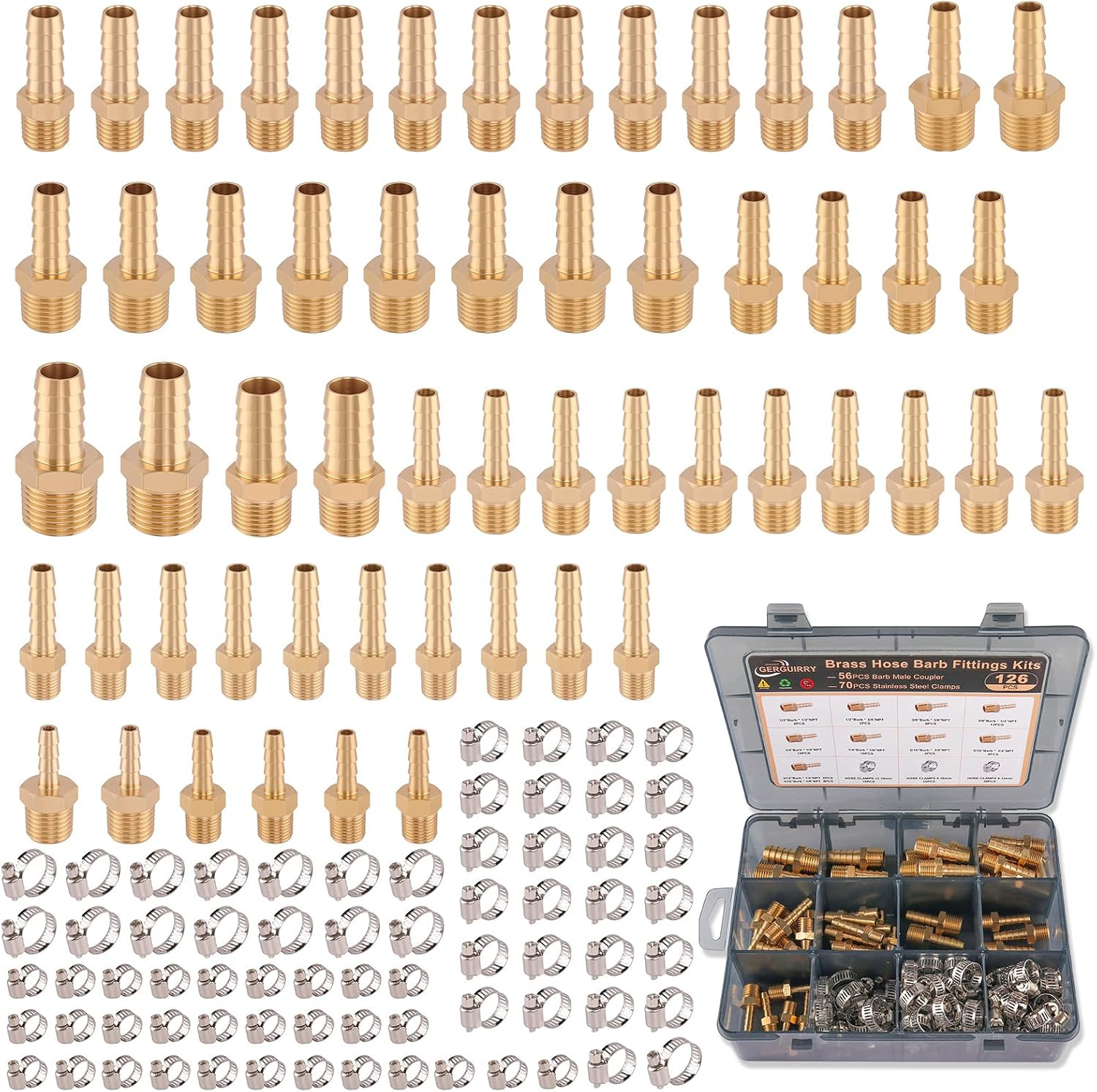 126PCS Brass Hose Barb Fittings Kit, Male Adapter NPT Hose Repair