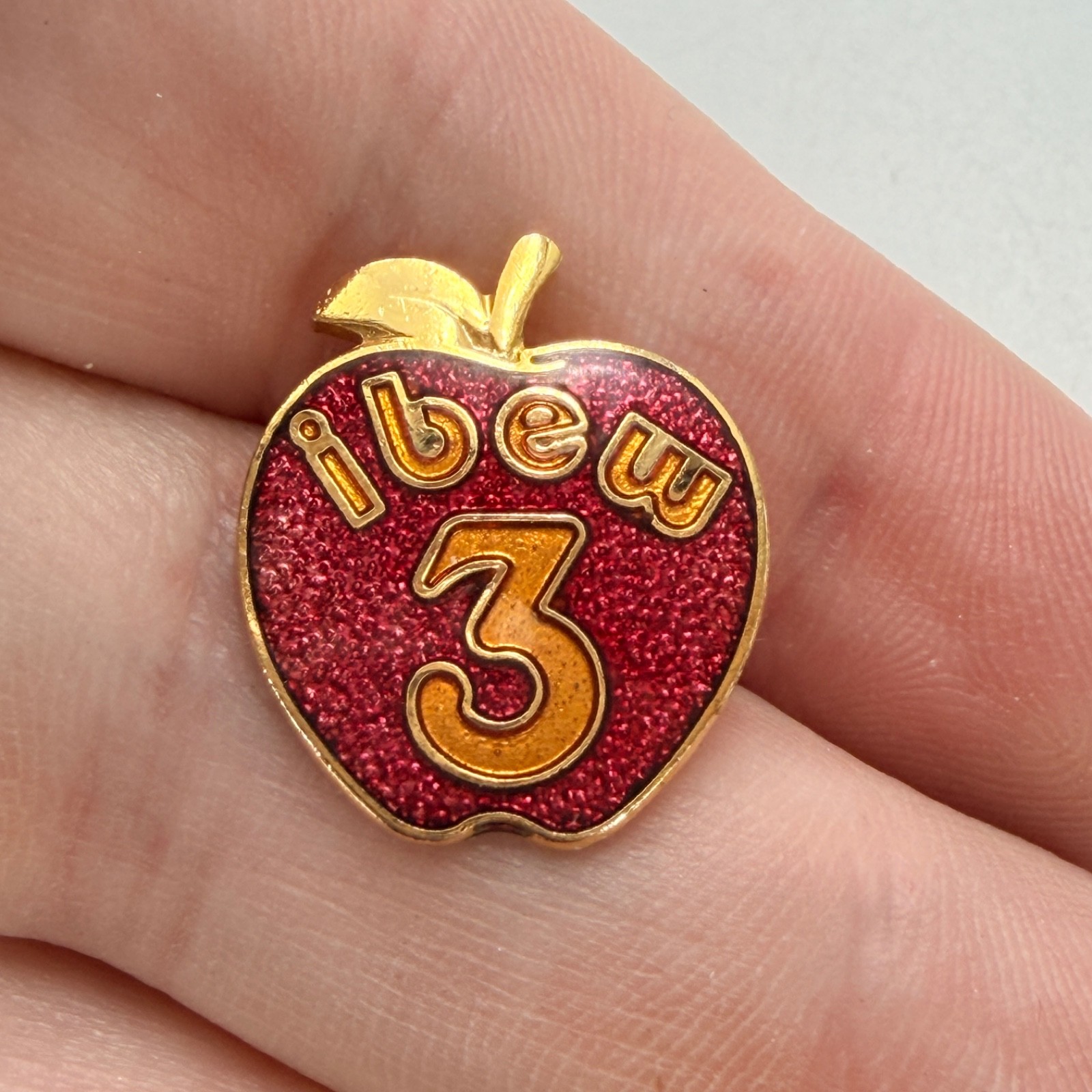 IBEW Local 3 Red Apple Lapel Pin Glitter Enamel Electrical Workers Union Vintage