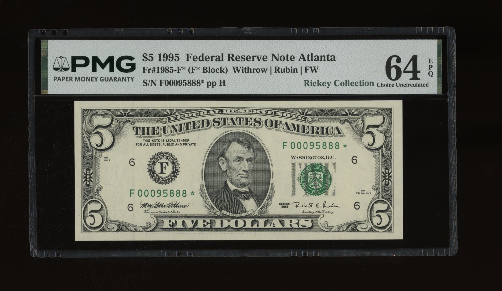 DBR 1995 $5 Atlanta STAR Fr. 1985-F* PMG 64 EPQ Serial F00095888*