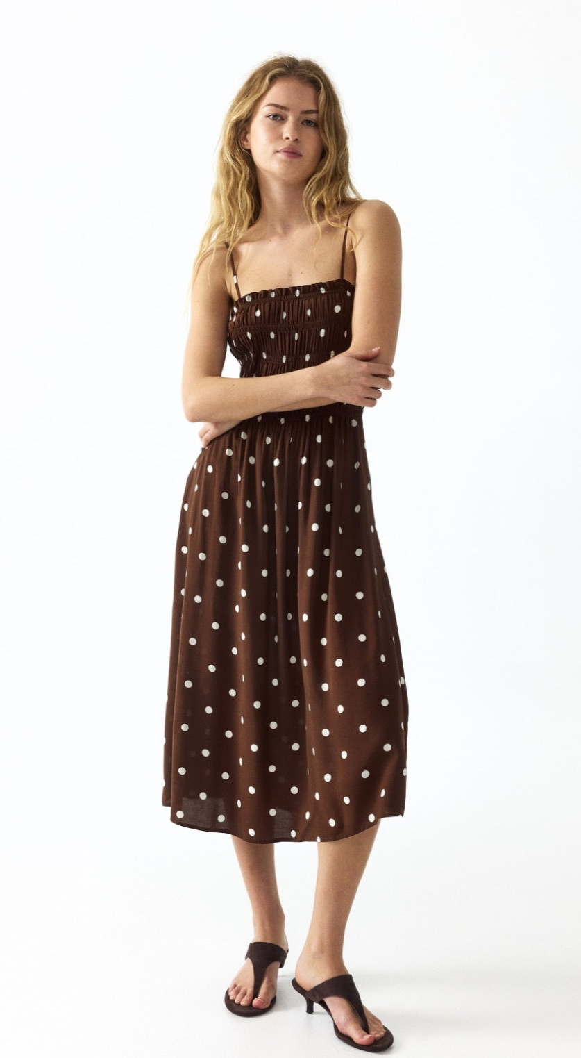 NWT H&M Size M Smocked Strappy Dress Dotted Brown Midi