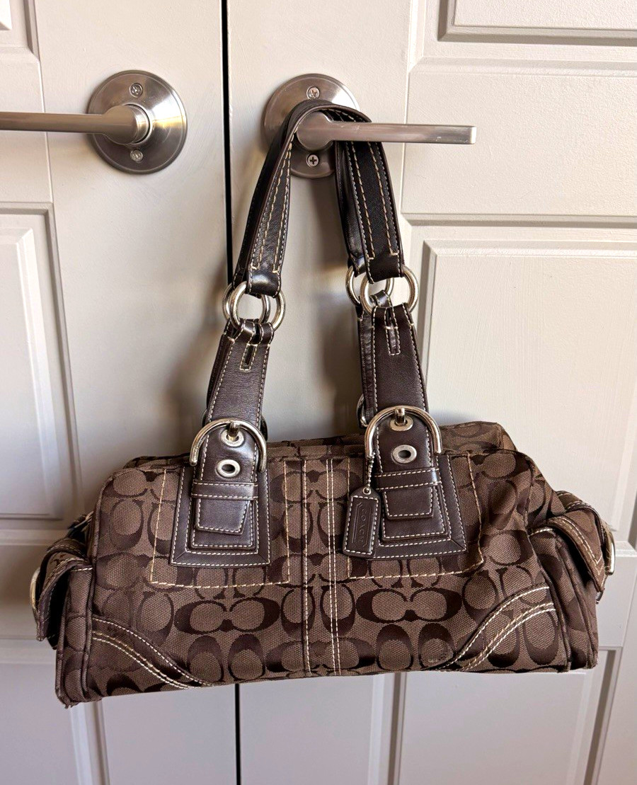 Coach Vintage Signature Brown Jacquard Mia Handbag Purse Satchel Coach Vintage Signature Brown Jacquard Mia Handbag Purse Satchel
